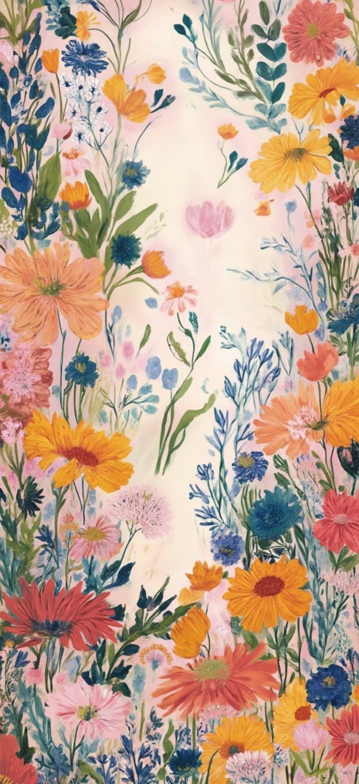 colorful_illustration, Enriched prompt: Imagine a dreamy field of wildflowers coming to life under the gentle embrace of soft morning light, captured in a breathtaking art nouveau style. The scene is awash with pastel tones, featuring a rich tapestry of vibrant and colorful illustrations with a playful, dynamic, hand-drawn feel. The background is a mesmerizing landscape, adorned with organic shapes and scattered decorative elements. Various leaves and floral elements are harmoniously arranged across the canvas, adding a natural, free-flowing quality to the design.

The composition is lavish and decorative, blending bold organic shapes with delicate details. Ornamental elements like dots, swirls, and abstract motifs are scattered throughout, enhancing the luxurious layering of colors and patterns. This creates an immersive sense of depth and movement, inviting the viewer to wander through this enchanting field. The organic shapes and radial floral patterns evoke a harmonious, hand-drawn aesthetic, reminiscent of Scandinavian folk art and mid-century botanical prints.

This colorful spectacle is centered perfectly, ensuring a crisp, clean look that is ideal for printing onto digital wallpapers, transforming any digital space into a serene, nature-inspired retreat.