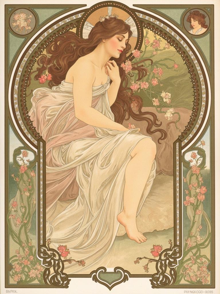 mucha, Enriched prompt: The painting captures a beautiful woman at the center, exuding grace and serenity. Her flowing hair cascades like a waterfall, interwoven with delicate vines and blooming flowers, each petal painted with exquisite detail. Her attire is elegant and adorned with intricate decorative patterns that mirror the natural motifs surrounding her, drawing inspiration from the flowing, organic lines that define the Art Nouveau style. The background features a dreamlike, romantic landscape, a tapestry of muted colors and subtle geometric patterns that blend seamlessly into the scene, enhanced by Mucha’s signature exuberant floral motifs.

The woman's expression is one of serene contemplation, her gaze softly directed towards the viewer, inviting them into this enchanted realm. Surrounding her is an elaborate ornamental frame reminiscent of a grand Gothic window. This intricate border is a masterpiece in itself, composed of sweeping curves and detailed embellishments that include organic patterns, celestial symbols, and more flowers, merging the boundary between the artwork and its surroundings. This frame does not merely contain the scene but acts as a gateway into a world where nature and human emotion are intertwined in poetic harmony.

This painting is meticulously centered to create a crisp, clean look, perfect for printing as wall art. The harmonious blend of natural motifs, delicate colors, and refined ornamental quality make it an ideal piece to adorn any living space, transforming it into a sanctuary of art and nature.