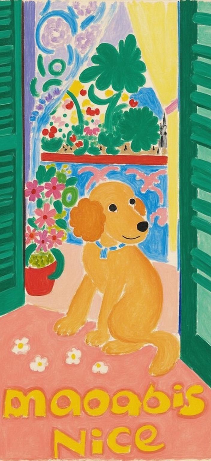 mattise_nice, A whimsical scene unfolds featuring a lively puppy golden doodle with its fluffy, curly coat and expressive eyes, gazing attentively at the landscape beyond the window. The window frames a captivating view, with lush greenery and vibrant flowers, perhaps hinting at a serene garden or a vibrant park, bathed in the warm, golden hues of late afternoon sunlight. This charming tableau is painted in the distinctive "Matisse in Nice" style, capturing the essence of Henri Matisse's later works with bold, fluid lines and a vivid palette that brings a sense of joy and vitality to the piece. The artwork is meticulously centered, ensuring a crisp and clean composition that is perfect for transforming into an eye-catching digital wallpaper, infusing any space with the essence of playful warmth and artistic elegance.