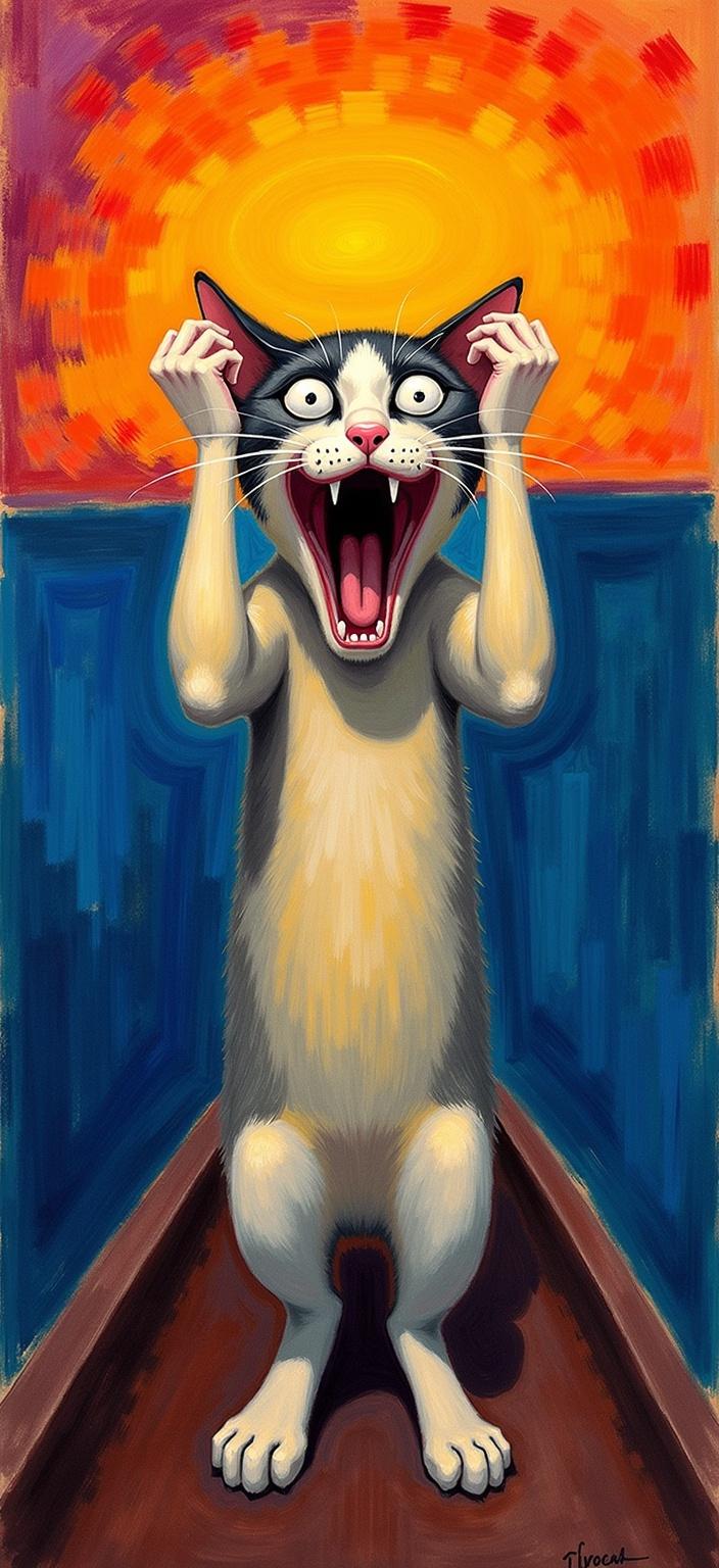 rothko, A mesmerizing digital painting captures a humorous and captivating scene, showcasing a wide-eyed, surprised cat standing on a bridge. The feline takes center stage, its mouth open in a dramatic, exaggerated scream, and paws covering both ears, creating an image rich with surreal and comical elements. Drawing inspiration from Edvard Munch's iconic 'The Scream,' the cat’s expression is front and center, highlighted by a painting style characterized by intense colors, dynamic brushwork, and bold, expressive compositions.

The artwork embraces the complex layering of translucent color, allowing light to filter through, imbuing the painting with an appearance of “inner light” and remarkable luminosity. At close range, colors seem to melt and fuse together with blurred boundaries between shapes, embodying the “floating zones of color” found in the style of the work. From a distance, these soft-edged rectangles hover weightlessly on the canvas, offering a richly varied surface where paint drips or strokes run in unconventional directions, contributing to its distinct visual appeal.

The background features a swirling sunset sky alive with vibrant orange, deep purple, and cool blue tones. Expressive brush strokes form curling, flame-like patterns, imparting a rhythmic, pulsating quality to the scene. Bold complementary color contrasts—such as blue and orange, and yellow and purple—enhance the painting’s visual impact and intensity. The loose, energetic brushstrokes convey urgency and raw emotion, combining drama, surrealism, and humor to create a universally compelling artwork.

Meticulously centered, the composition ensures a crisp, clean look, making it an ideal choice for digital wallpaper. This visual masterpiece effortlessly invites viewers to immerse themselves in its vibrant, whimsical world, echoing Munch's influence while establishing a distinctive identity of its own.