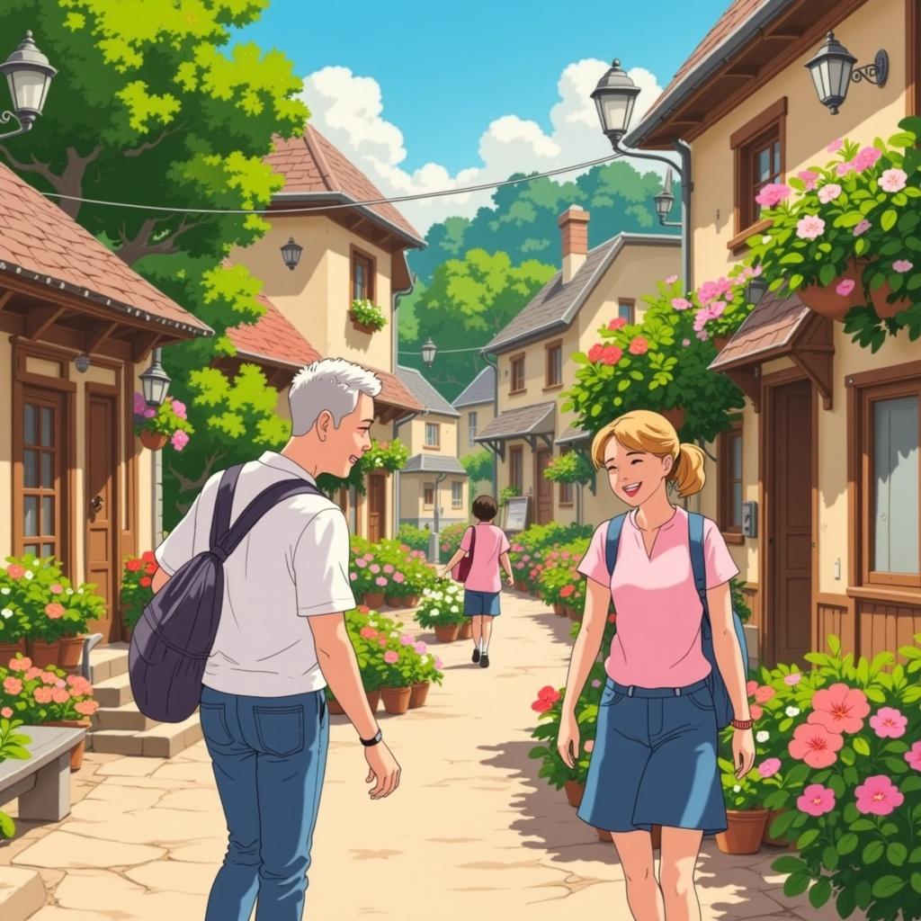 ghibli_illustration, The painting features a joyful scene of smiling couples, each pair radiating warmth and happiness as they engage in conversation and laughter. The characters, with their expressive faces, are designed in a hand-drawn animation style, capturing slight pencil sketch imperfections that add charm and authenticity. The scene is imbued with soft, painterly textures that give it a gentle, inviting quality, evoking a sense of nostalgia and whimsy.

The background is richly detailed, depicting an outdoor setting where everyday objects like blooming flowers, quaint street lamps, and benches add to the tangible and lived-in feel of the environment. The surroundings are brought to life with vivid, yet subtly muted colors that seamlessly blend with the warm, natural lighting, casting a cozy glow across the scene. This choice of color palette and lighting ensures that the overall atmosphere remains dreamy and nostalgic, inviting viewers to linger in the moment.

The layout is centered to perfection, ensuring that the couples are accurately proportioned and clearly visible against the detailed backdrop, making the image crisp and clean. This meticulous composition is ideal for wall art, as it balances both an intricate background and prominently featured subjects, providing a captivating and harmonious visual experience for any space.