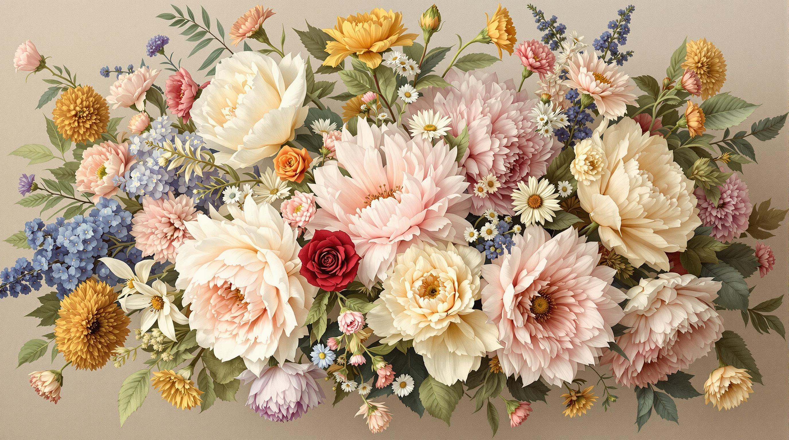 , Create a stunning digital wallpaper centered around the captivating beauty of flowers, inspired by the timeless elegance of classical art. The painting should feature an exquisite bouquet of various flowers, each meticulously detailed to capture the delicate textures of petals and leaves. The composition is harmonious, with flowers arranged symmetrically, radiating outward from the center to create a sense of balance and symmetry typical of classical style. The color palette is rich and varied, including soft pastels and vibrant hues, reminiscent of the masterpieces from the Renaissance era. Ensure the background remains subtly muted, allowing the flowers to be the focal point while providing an air of sophistication. The overall image is crisp and clean, designed specifically to enhance the aesthetic appeal when used as a digital wallpaper for mobile devices, providing a serene and artful backdrop.