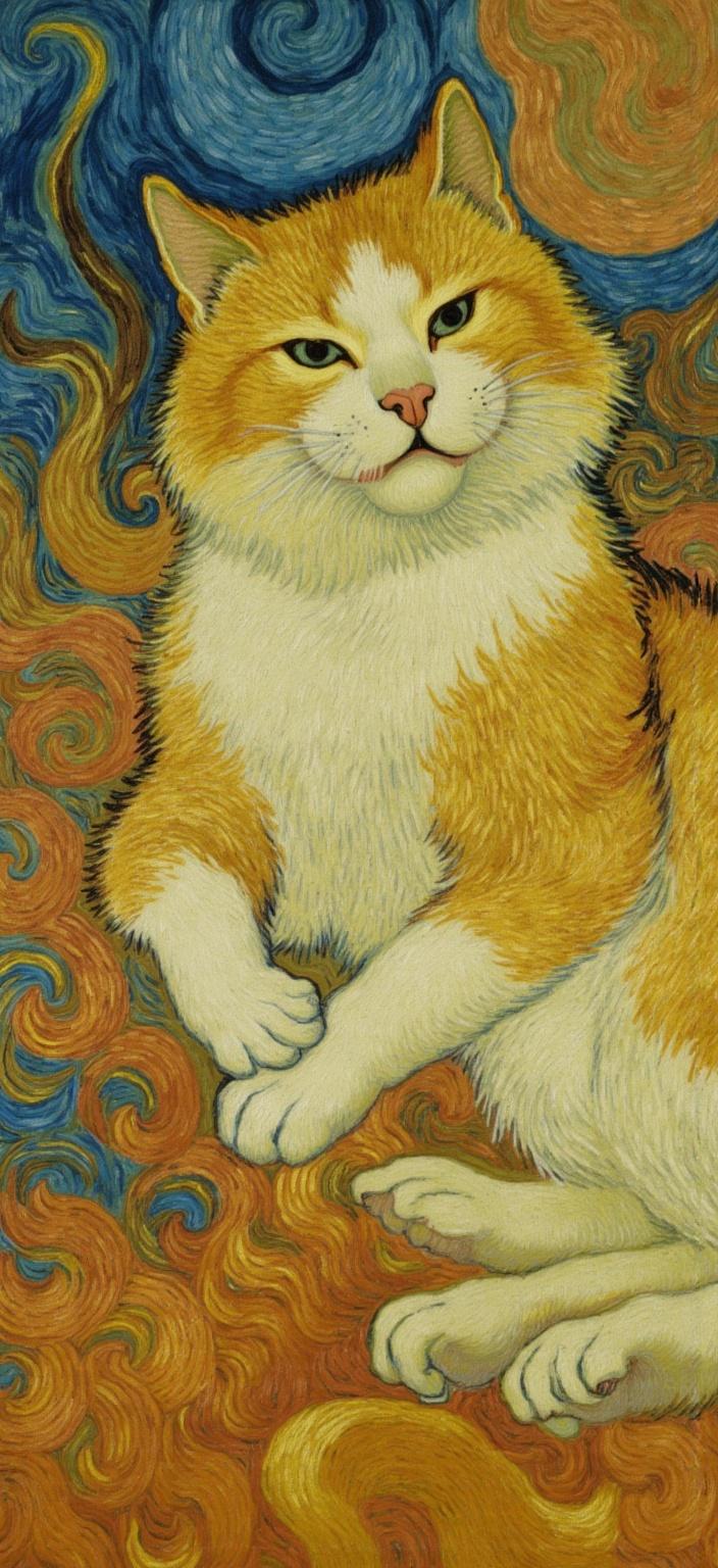 van_gogh, Enriched prompt: The painting captures a charming, fluffy cat luxuriating in a sunlit spot, its fur glistening under the warm, golden rays. The feline is depicted in a relaxed pose, eyes half-closed, fully immersed in the bliss of its sun bath. The artwork is expressed in a style characterized by intense color and dynamic brushwork, showcasing vivid, rich colors applied in thick, impasto layers to evoke a sense of movement and emotional depth. The scene is alive with bold complementary color contrasts; the sun's light casting a warm orange glow against the cool blue shadows, creating a visually striking tableau. The brushstrokes are loose, energetic, swirling with curly, flame-like patterns that impart a rhythmic and pulsating quality to the painting. This dynamic touch, combined with vigorous, linear patterns, infuses the artwork with motion and life. Centered perfectly to ensure a crisp, clean look, the painting is ideal for a digital wallpaper, providing not just an image, but an experience that is both deeply personal and universally compelling.