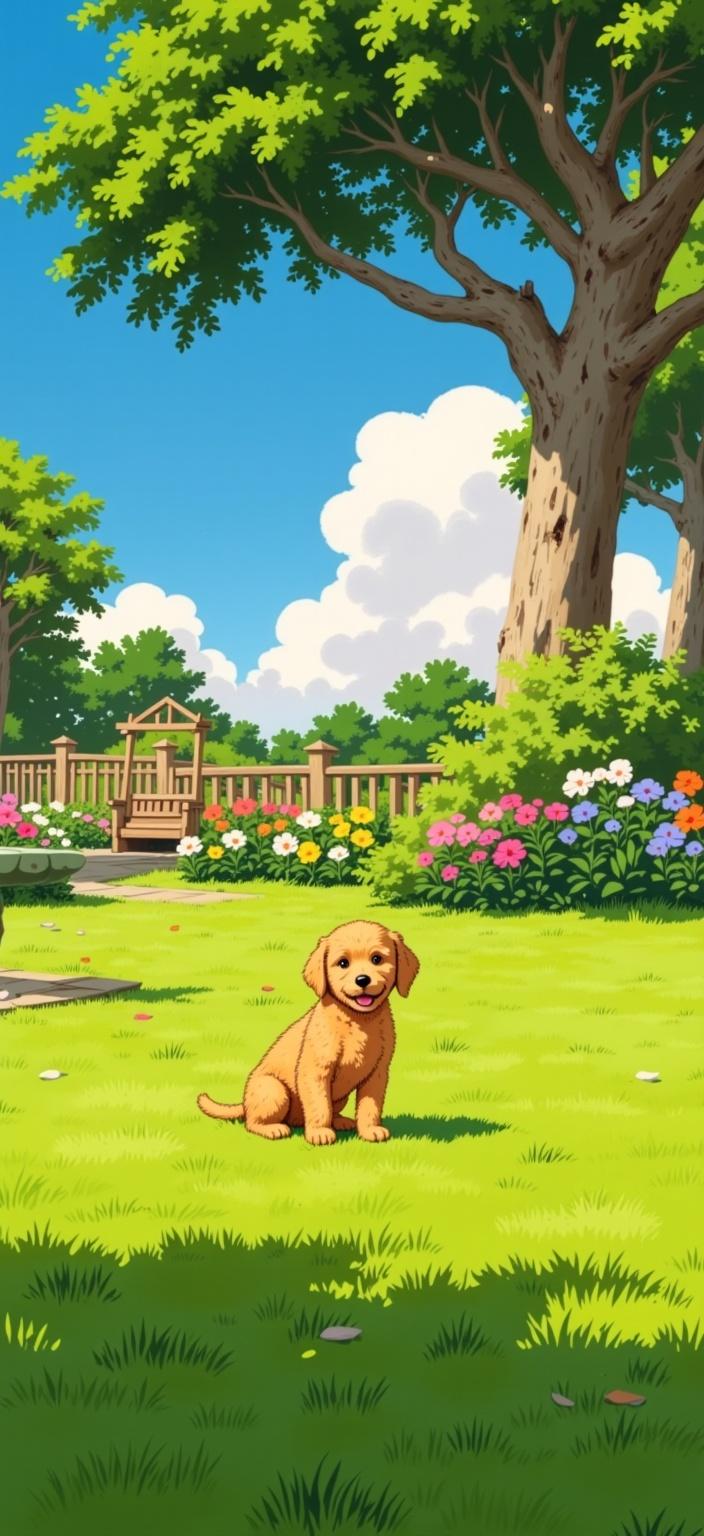 ghibli_illustration, The painting captures a golden doodle poised gracefully on a sprawling lawn, its curly fur gleaming in the warm embrace of natural sunlight. The backdrop is a richly detailed garden scene, imbued with a whimsical and joyful aesthetic, typical of hand-drawn animation. The environment is alive with meticulous rendering of everyday objects—a quaint birdbath, a gently swaying wooden swing, and blooming flowers, each petal painted with careful precision to evoke a sense of nostalgia and dreamlike quality.

The golden doodle is depicted with expressive character designs, its playful eyes and gently perked ears inviting you into its world. The lawn is a sea of verdant greens, softly textured to reflect the organic, hand-drawn feel, with pencil sketches subtly evident in the shadows and highlights. Each blade of grass is detailed, yet remains dreamy and slightly muted to avoid harsh contrasts, maintaining the serene, inviting mood.

The composition centers the golden doodle to ensure prominence, making the painting crisp and clean—perfect for a captivating digital wallpaper. The overall warm, natural lighting envelops the scene, contributing to the cozy and inviting ambiance. This work of art conjures a sense of a cherished moment frozen in time, where simplicity meets the intricate beauty of life, ensuring the golden doodle remains the heart of this enchanting narrative.