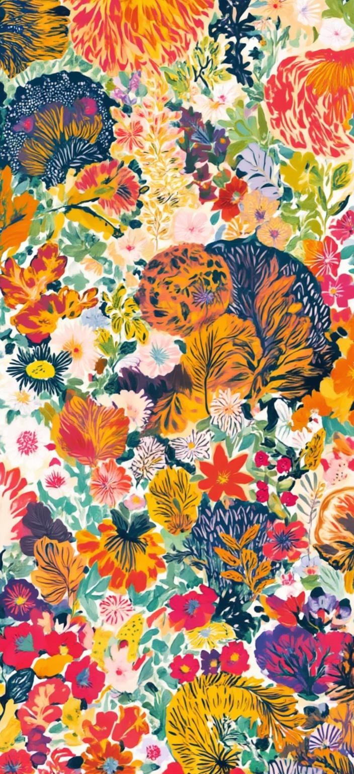 colorful_illustration, Enriched prompt: Create a vibrant and colorful illustration of a majestic tiger in a lush jungle setting, designed to captivate as a digital wallpaper. The scene should be dynamic and imbued with a playful, hand-drawn feel. The background is a tapestry of organic shapes, with an array of decorative elements, including various leaves and diverse floral patterns, arranged harmoniously across the canvas. This design exudes a natural, free-flowing quality, enhanced by a lavish and intricate composition that blends bold organic shapes with delicate details.

The image should feature scattered ornamental elements, such as dots, swirls, and abstract motifs, layered luxuriously to create a sense of depth and movement. The organic shapes and radial floral patterns contribute to a cohesive, harmonious design, invoking the charm of Scandinavian folk art and the elegance of mid-century botanical prints. Centered perfectly, this artwork ensures a crisp and clean look, making it ideal for a vibrant and engaging digital wallpaper.
