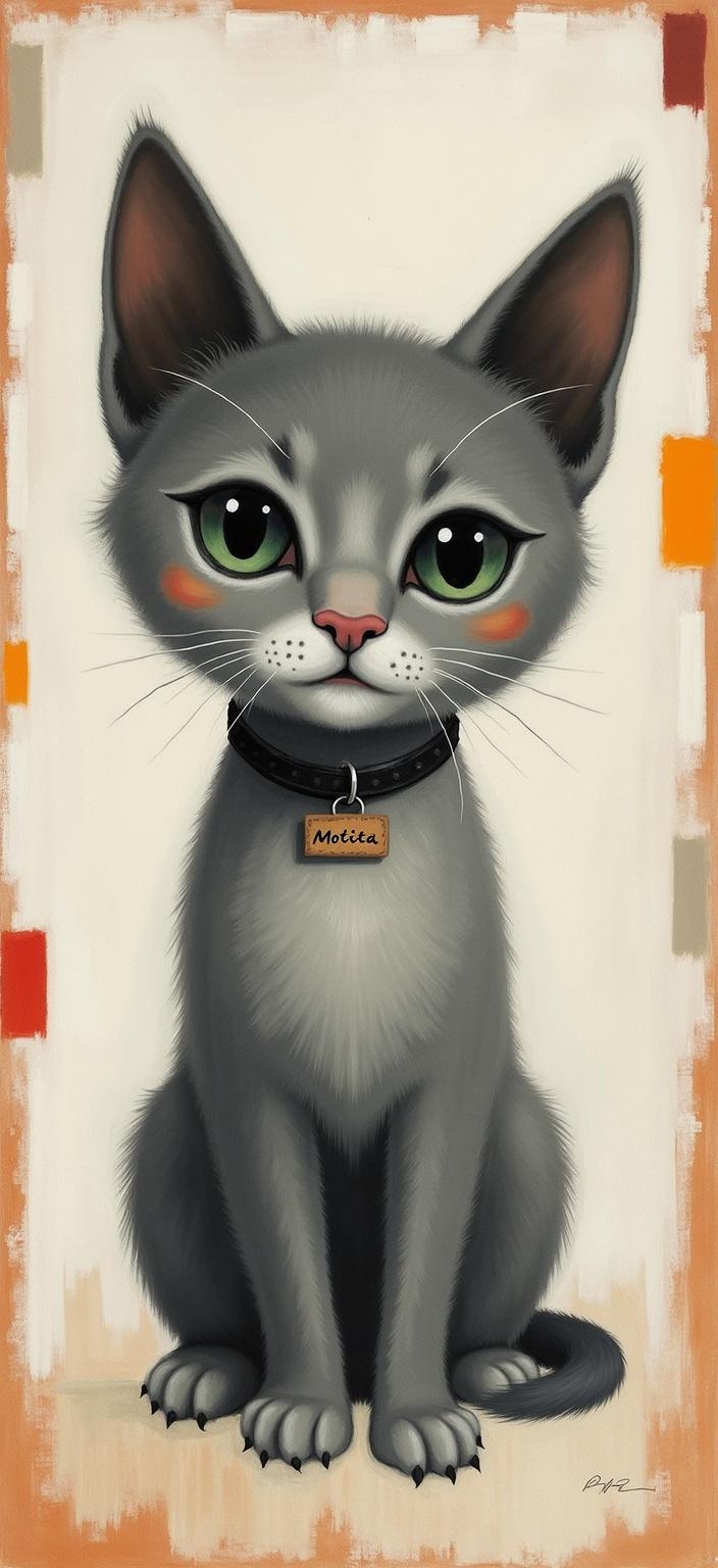 rothko, Envision a captivating painting that centers on a small, entirely gray kitten, exuding a sense of innocence and charm. The kitten's striking features include almond-shaped, vivid green eyes that seem to pierce through the image with warmth and curiosity. Around its delicate neck rests a collar, intricately designed with a tiny tag bearing the name "Motita" in elegant script. The painting draws inspiration from a complex layering of translucent color, allowing light to filter through and giving the composition an appearance of "inner light" and remarkable luminosity.

As you gaze upon the artwork, you notice at close range how the colors appear to melt and fuse together, creating blurred boundaries between the shapes. This effect lends an ethereal quality to the kitten's fur, with soft shades of gray transitioning seamlessly into each other. The richly varied surfaces capture your attention, with paint drips or strokes running in unconventional directions, contributing to the overall dynamic and mesmerizing nature of the piece.

From a distance, the soft-edged rectangles, formed by the interplay of light and shadow, seem to hover weightlessly around the kitten, creating floating zones of color that frame the central subject beautifully. This masterpiece, with its intricate layers and luminous appearance, is perfectly centered, ensuring a crisp, clean look that makes it ideal for printing as a digital wallpaper. The composition invites you into its serene yet vibrant world, where the essence of the gray kitten named Motita is immortalized with artistry and grace.