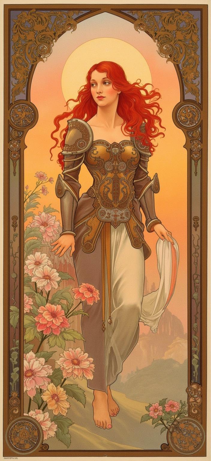 mucha, ('Amidst the backdrop of a breathtaking sunset, an anime woman with flowing red hair stands poised and resolute in her intricate armor. Her vivid locks cascade down her shoulders, echoing the fiery hues of the twilight sky behind her. The scene evokes the romantic elegance of the Art Nouveau style, characterized by flowing, organic lines and intricate decorative patterns that wind through the composition like a gentle breeze. Her armor, though robust, is adorned with elaborate motifs, capturing the essence of intertwining vines, delicate blossoms, and celestial elements that shimmer under the waning light.\n\nThe background is an elaborate tapestry of stylized beauty, with a dreamlike quality that seamlessly integrates fine art with design. Delicate pastel tones against the rich warmth of the sunset cast a soft glow over the entire piece. Sinuous vines and blooming flowers entwine harmoniously around her, while subtle geometric patterns and celestial symbols enhance the ornamental quality of the armor and setting.\n\nFraming this captivating scene is a grand, ornamental border reminiscent of a Gothic window. Its sweeping curves and detailed embellishments are adorned with organic patterns, flowers, and celestial symbols, creating a gateway into a realm where nature and human emotion poetically interlace. This exquisite composition is not only a feast for the eyes but also provides a serene and elegant touch perfect for decor, inviting viewers to step into this enchanted world and appreciate the serene beauty and strength of this red-haired warrior.',)