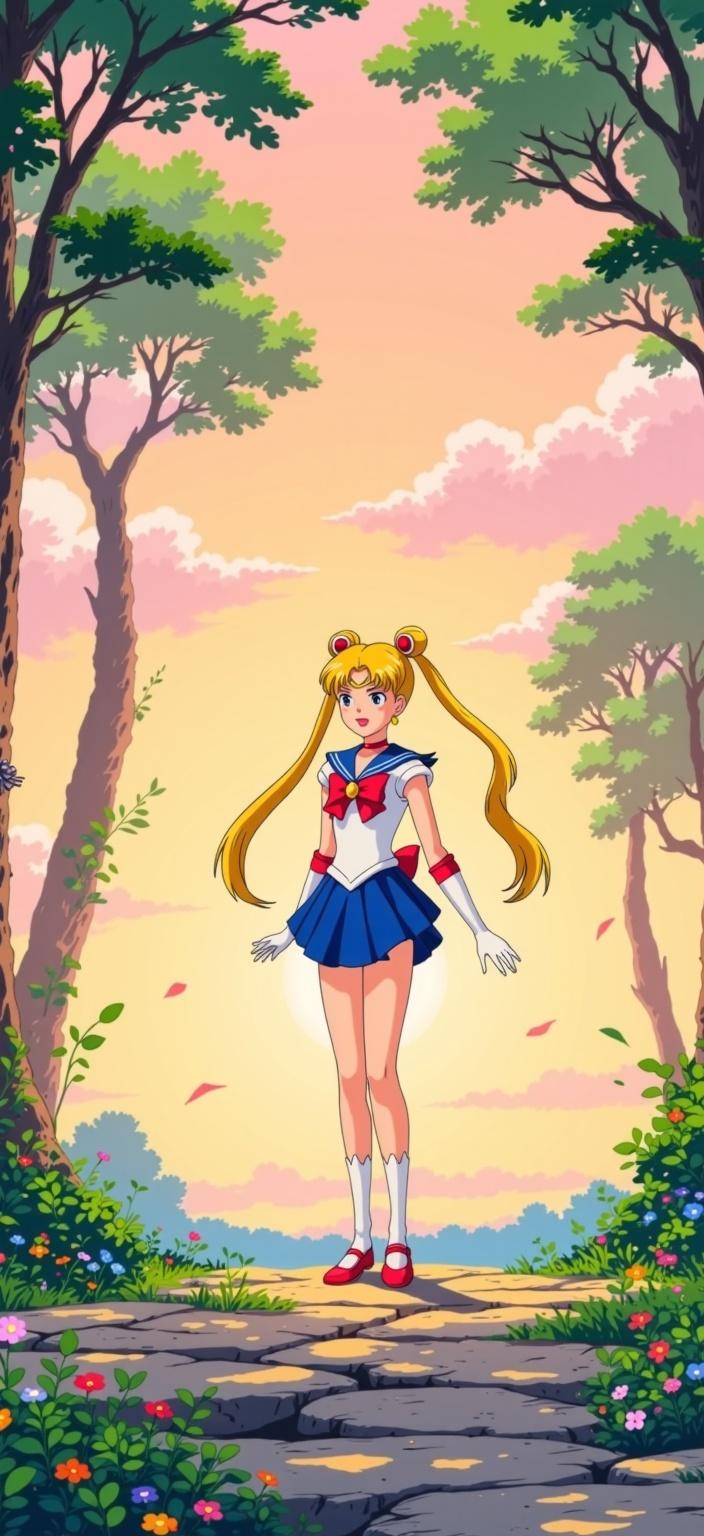 ghibli_illustration, Create a digital wallpaper for a laptop featuring Sailor Moon in a captivating landscape style. The composition should embody the enchanting allure of hand-drawn animation, complete with richly detailed backgrounds and expressive character designs. Sailor Moon should stand confidently at the center, her iconic attire capturing the essence of her magical persona. The scene is bathed in warm, natural lighting that envelops the setting in a cozy, inviting mood.

The background should exhibit an ethereal landscape, where whimsical trees and softly rolling hills hug the horizon. Vivid, yet slightly muted colors dance across the canvas, combining with soft, painterly textures to evoke a dreamy, nostalgic atmosphere. Everyday objects, like a delicate crescent-shaped moon pendant or a blossoming flower, should be meticulously rendered, ensuring they feel tangible and lived-in.

Subtle pencil sketches and gentle imperfections add an organic movement to the scene, while maintaining the whimsical and joyful aesthetic of the hand-drawn style. The sense of nostalgia is palpable, as the vivid imagery transports the viewer to a magical world where Sailor Moon's presence feels both empowering and serene.

The wallpaper's elements are centered perfectly to offer a crisp, clean look, making it an ideal choice for anyone looking to infuse their digital space with a touch of enchanting artistry.