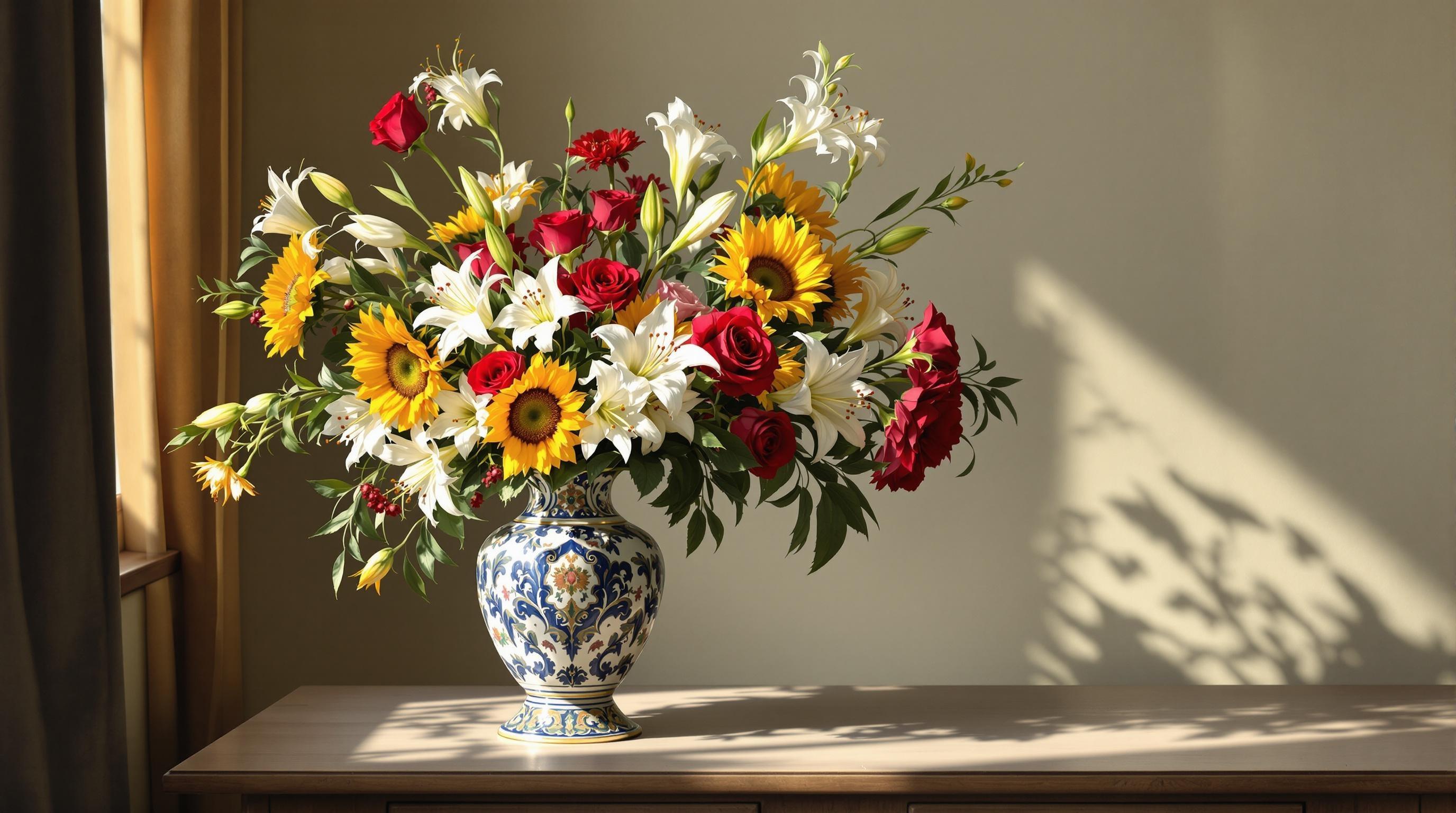 , A captivating and serene classical-style still life painting featuring a gracefully arranged vase of flowers. The vase, an elegant piece crafted from fine porcelain, sits at the center of a simple, yet sophisticated wooden table. Adorned with intricate patterns reminiscent of 17th-century artistry, the vase is filled with a lush bouquet of flora. Deep red roses, delicate white lilies, and vibrant yellow sunflowers burst forth from the vessel, their petals impeccably detailed and lifelike. The rich, vivid colors of the blossoms are beautifully contrasted against the muted tones of the room, casting gentle shadows that enhance the composition's depth. Soft, natural light pours in from an unseen window on the left, illuminating the flowers and creating a gentle glow around them. The entire scene is set against a subtle, blurred background, ensuring the floral arrangement remains the focal point. This image, expertly balanced and finely detailed, is ideal for digital-wallpaper, lending an air of timeless elegance and sophistication to any space.