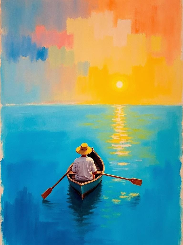 rothko, The painting captures a serene and evocative scene, with a small rowboat gently drifting through the softly undulating waves of a vast ocean. The boat is viewed from the back, where a solitary man in a straw hat sits, his posture relaxed and contemplative as he faces the horizon. The sky above is an awe-inspiring tapestry of colors, illuminated by the setting sun, casting a golden glow across the water's surface. This intricate display of hues is achieved through a complex layering of translucent colors, allowing light to filter through and cast an ethereal, inner glow across the entire composition.

The style of the painting is marked by remarkable luminosity, where at close range, the colors seem to melt and fuse together—blurred boundaries blend seamlessly, giving the impression of floating zones of color. Richly varied surfaces exhibit interesting textures, with paint drips and strokes that defy convention, running in unexpected directions to add depth and complexity. From a distance, the soft-edged rectangles and shapes hover weightlessly, creating a dreamlike quality.

This meticulously crafted image is centered perfectly, ensuring a crisp, clean look that is ideal for digital wallpaper. It invites viewers into a reflective and tranquil moment, where the combination of light, color, and form convey a sense of peace and introspection, transforming any space it adorns into a serene haven.