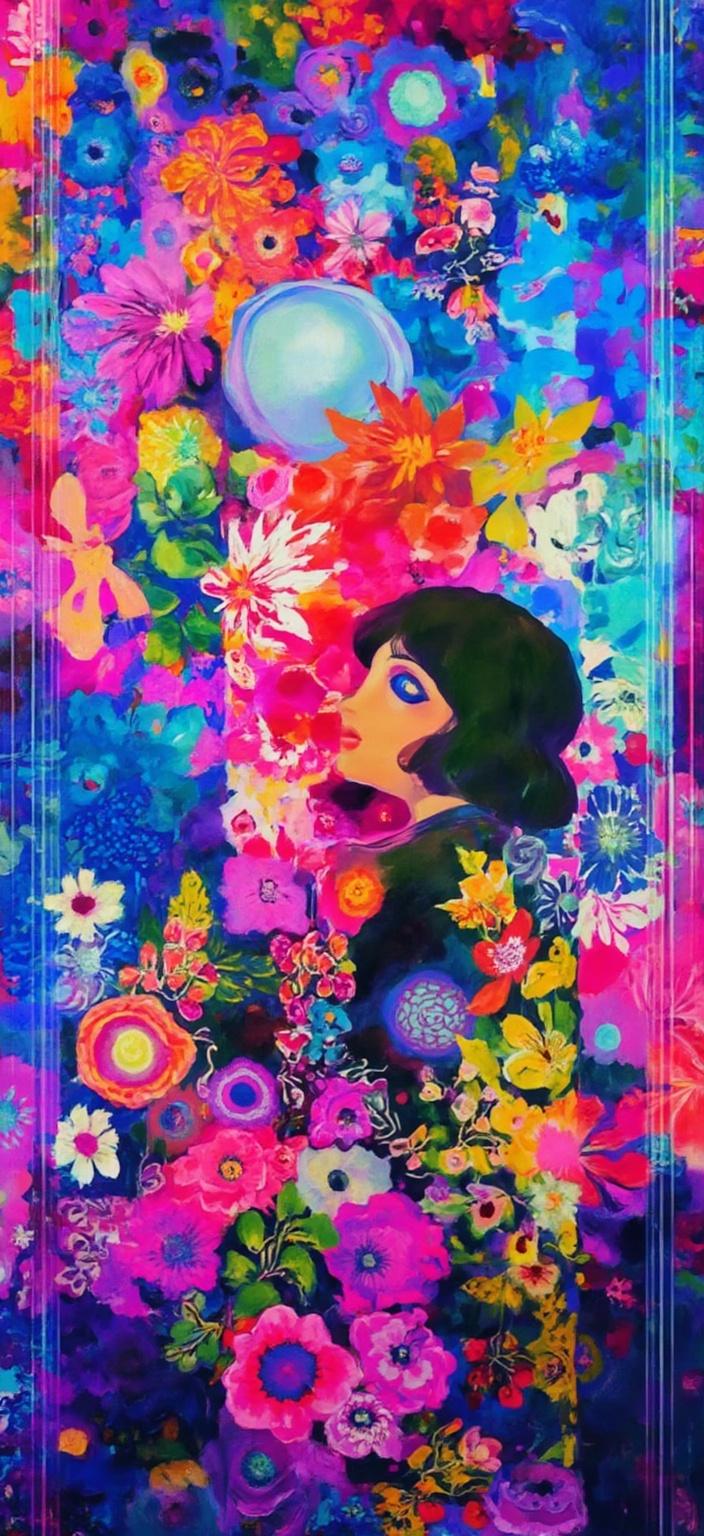 colorful_illustration, In the vibrant and colorful world of dreamcore, imagine a digital wallpaper that seamlessly combines the essence of surrealism and modern digital aesthetics. At its heart stands an anime girl, her short dark hair framing her face, caught in a moment of stillness as she gazes into the distance with a blank, contemplative expression. She occupies a space where digital and organic elements coexist, surrounded by a surreal wall of floating computer code and glitching terminal screens. These elements are infused with a soft yet dynamic palette of purple, pink, and cyan lighting, casting an ethereal glow that evokes both nostalgia and an eerie ambiance.

The backdrop is a mesmerizing blend of digital symbols, static noise, and old OS windows, interspersed with fragmented dreamlike objects that float in a digital void. This background feels like a tapestry of half-remembered dreams or a forgotten virtual realm, inviting viewers to lose themselves within its intricate details. The scene is alive with a slight VHS blur, complemented by a glowing fog and dreamy haze, which together foster a unique blend of analog horror and serene melancholy.

The painting draws inspiration from a lavish, decorative style, incorporating intricate compositions that blend bold organic shapes with delicate details. Scattered ornamental elements like dots, swirls, and abstract motifs are woven throughout, adding depth and movement that capture the eye. Radial floral patterns and harmonious hand-drawn organic shapes evoke images of Scandinavian folk art and mid-century botanical prints.

This dreamcore wallpaper is designed to be a striking centerpiece for your digital collection, capturing the dynamic movement and playful creativity associated with the vibrant illustration style. The entire composition, with its luxurious layering of colors and patterns, is centered to ensure a crisp, clean look, perfectly suited for a digital-wallpaper format, inviting viewers to explore the endless possibilities of this surreal, dreamlike world.
