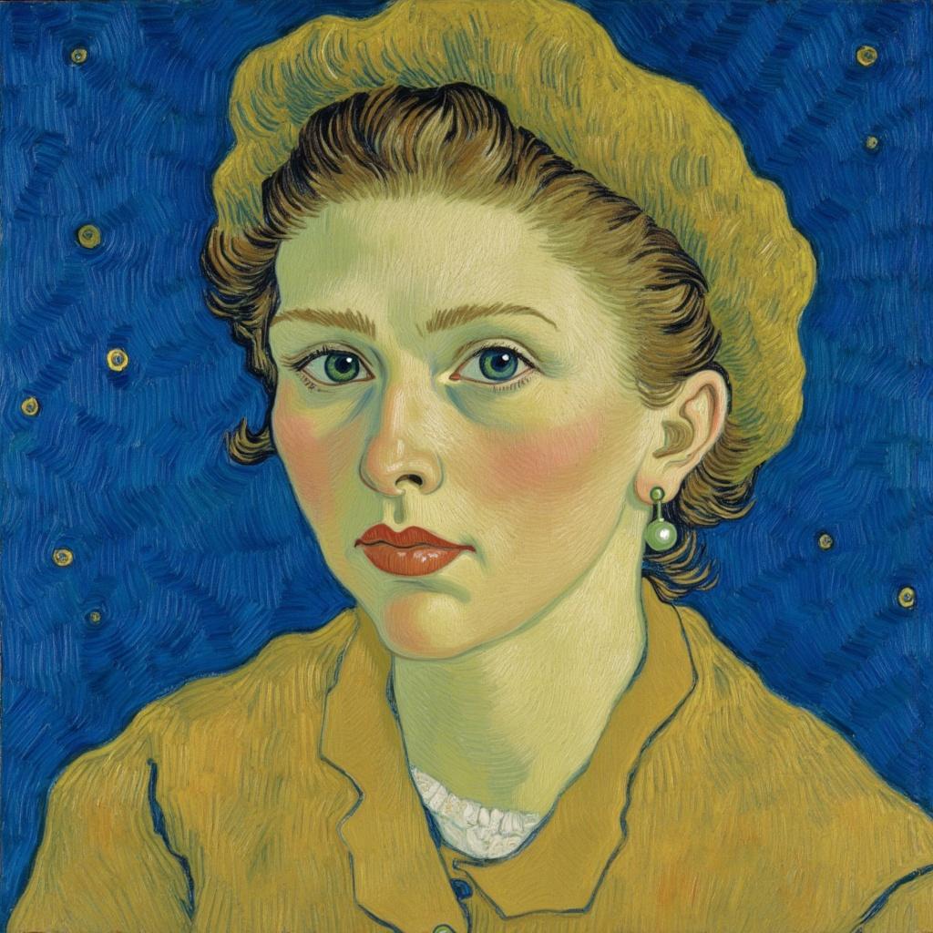 van_gogh, In a striking and expressive painting designed for digital wallpaper, a young girl emerges as the focal point, captivating the viewer with her serene presence. She is adorned with a delicate pearl earring, a subtle yet elegant accent that draws attention to her gentle, contemplative expression. Her attire and the earring glisten subtly, hinting at the simplicity and beauty of her character.

The background is a vivid blue, enveloping the scene in a calm yet intense aura that complements the girl's quiet gaze. The painting is imbued with intense color, employing dynamic brushwork and bold, expressive compositions. The artist uses vivid, rich colors, applied in thick, impasto layers, to infuse the scene with a sense of movement and emotional depth.

Bold complementary color contrasts, such as hints of orange against the blue background, are skillfully incorporated, heightening the visual impact and intensity of the composition. Brushstrokes are loose and energetic, swirling in curly, flame-like patterns, resonating with a rhythmic, almost pulsating quality. This dynamic touch, combined with vigorous, linear patterns, imparts a unique sense of motion and life within the artwork.

The painting is infused with raw emotion and a sense of urgency, making the piece both deeply personal and universally compelling. The composition is carefully centered, ensuring a crisp, clean look that is suitable for printing as a digital wallpaper, where the young girl's timeless allure and the artwork's vibrant energy can be prominently displayed.