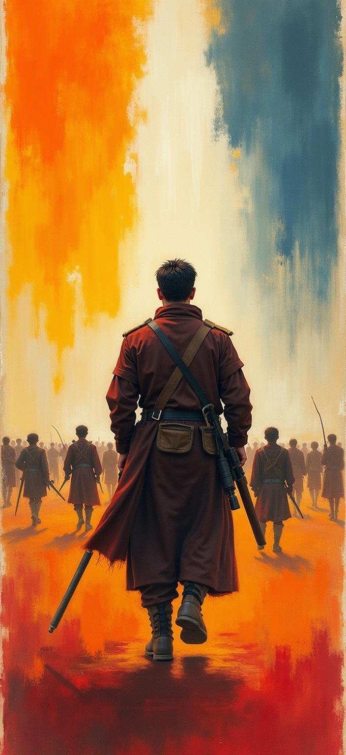 rothko, In the enriched painting, a Kurdish soldier stands as the central figure, depicted in an intense moment of battle, capturing both the valor and the gravity of the scene. The soldier, clad in traditional Kurdish attire, is shown in action, embodying strength and determination, his expression focused and resolute. The enemy, painted with a softened focus, conveys the tension and movement of the encounter, highlighting the soldier's heroic prowess.

The painting draws inspiration from a complex layering of translucent colors, creating an appearance of inner light and remarkable luminosity. The hues seem to melt and fuse together, with blurred boundaries between the shapes, creating a dreamlike and ethereal quality to the scene. From a distance, soft-edged rectangles of color hover weightlessly on the canvas, evoking floating zones of color that surround the soldier and the battlefield.

Richly varied surfaces add depth and texture to the artwork, with paint drips or strokes running in unconventional directions, symbolizing the chaos and unpredictability of war. These elements come together to create a sense of dynamic movement, capturing the emotional intensity of the moment.

The overall composition is centered to ensure a crisp, clean look that is suitable for printing as digital wallpaper. This ensures that the image resonates with a sense of clarity and balance, making it a captivating piece that draws viewers into its luminous, layered world.