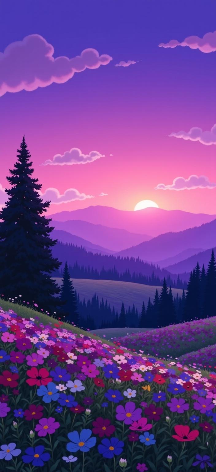 ghibli_illustration, Title: "Dreamscape at Dusk"

Envision a breathtaking violet sunset, painted in the style of hand-drawn animation, where every element of the scene is infused with a whimsical and joyful aesthetic. The composition is centered to ensure a crisp, clean look, perfectly suited for digital wallpaper display. The scene captures the transition of day into night with a radiant violet hue that washes over the sky, casting a warm glow that bathes the landscape in an inviting embrace.

The painting is imbued with richly detailed backgrounds that feel alive; from the gently rolling hills in the distance to the silhouettes of towering trees whose branches sway softly under the evening breeze. These elements are meticulously rendered, offering a sense of nostalgia and dreamlike quality, evoking feelings of comfort and tranquility.

Foreground elements include blooming wildflowers, whose vibrant tones mingle harmoniously with the sunset's palette, and capture light in a way that magnifies their beauty. These everyday textures are crafted with painterly softness, evoking a lived-in world, with subtle pencil sketches adding depth and character.

The scene is bathed in soft, natural lighting that highlights the organic movement of the clouds drifting lazily across the sky. The vivid colors are slightly muted, creating a seamless blend that avoids harsh contrasts, preserving the dreamlike aura. All characters or elements, if present, are accurately proportioned and distinctly visible, framed beautifully within the violet twilight.

This enchanting image serves as a portal to a serene escape, inviting the viewer to immerse themselves in its cozy, inviting mood and the harmonious dance of colors and light.