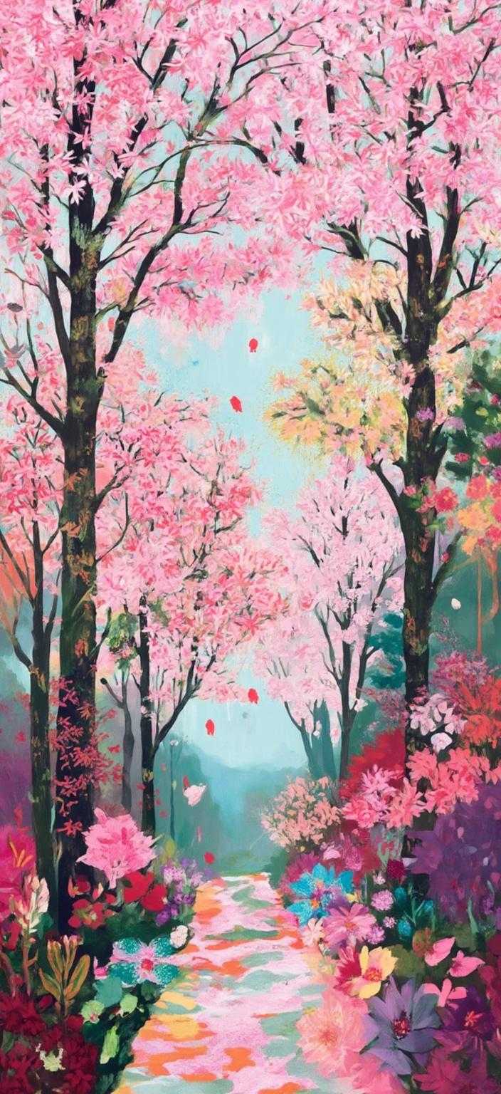 colorful_illustration, The painting captures a serene scene featuring pink cherry trees in full bloom, their graceful branches arching over a quiet path. Each tree is a cascade of vibrant pinks, with countless blossoms adding texture and depth to the canopy. Tiny sparrows and bluebirds, depicted in mid-flight and perched on branches, add a lively element to the composition, their delicate feathers rendered with intricate detail.

The style of the painting draws inspiration from a vibrant and colorful illustration with a playful, dynamic, and hand-drawn feel. The background is a tapestry of organic shapes and scattered decorative elements. Various leaves and floral motifs are harmoniously arranged across the canvas, contributing to a natural, free-flowing quality. The intricate composition is lavish and decorative, combining bold organic shapes with delicate details. Scattered ornamental elements such as dots, swirls, and abstract motifs give the artwork a sense of depth and movement.

The luxurious layering of colors and patterns enhances the richness of the scenery, while the organic shapes and radial floral patterns create a harmonious, hand-drawn feel reminiscent of Scandinavian folk art and mid-century botanical prints. Petals gently fall through the air, enhancing the serene and poetic atmosphere.

The image is centered to provide a crisp, clean aesthetic suitable for a digital wallpaper, ensuring that the viewer can appreciate the intricate details and vibrant colors of this nature-inspired scene.