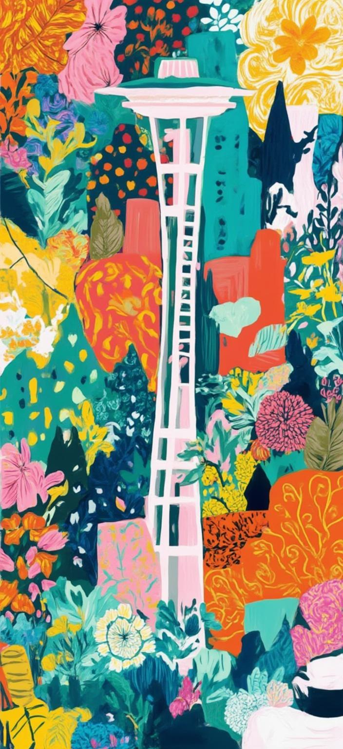 colorful_illustration, Enriched prompt: Imagine a vibrant and colorful illustration capturing the essence of Seattle, depicted with a playful, dynamic, and hand-drawn feel. The scene is infused with a sense of life and movement, drawing inspiration from a lavish decorative style. In the foreground, the iconic Space Needle rises prominently, surrounded by the city's modern skyscrapers and historic architecture. 

The background is a lively tapestry of organic shapes and scattered decorative elements, reminiscent of a luscious garden in full bloom. Various leaves and floral elements are harmoniously arranged across the canvas, adding a natural, free-flowing quality to the design. 

The composition blends bold organic shapes with delicate details, featuring ornamental elements like dots, swirls, and abstract motifs that evoke a sense of whimsy. The luxurious layering of vibrant colors and intricate patterns creates a sense of depth and movement, reminiscent of Scandinavian folk art and mid-century botanical prints. 

This picturesque representation of Seattle is centered to ensure a crisp, clean look, making it suitable for printing onto a digital wallpaper, where it can bring a touch of artistic charm and dynamic energy to any digital screen.