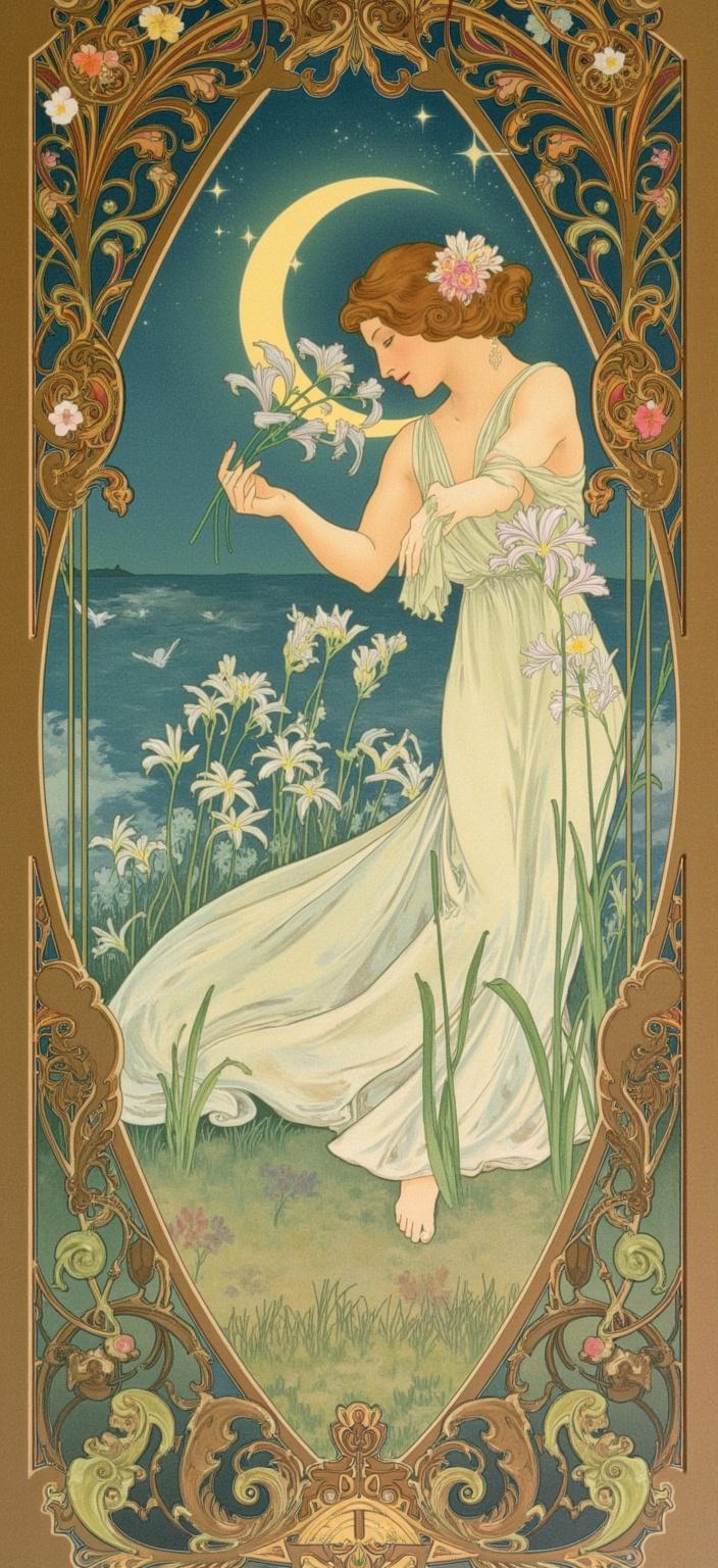 mucha, Imagine a mesmerizing, dreamlike painting that captures the serene edge of a tranquil lake, nestled under a canopy of a starry night sky. This enchanting scene is inspired by the flowing, organic lines and intricate decorative patterns reminiscent of Art Nouveau style, inviting the viewer into a world where nature and art entwine gracefully. At the forefront, elegant iris flowers, delicate bullrushes, and gently swaying reeds create a lush tapestry of botanical beauty. Dragonflies, with their fragile wings glistening under the celestial glow, flit gracefully across the scene, adding a touch of ethereal life.

Sinuous vines weave through the composition, their tendrils adorned with blooming flowers that exude an air of romanticism and tranquility. The painting employs a harmonious color palette, featuring delicate hues that resonate with a soft, poetic charm. The background is a vision of highly stylized wonder, a seamless fusion of fine art and design that unfolds an ethereal, dreamlike aesthetic.

The entire scene is elegantly framed within an elaborate ornamental border. This intricate frame, characterized by Art Nouveau's iconic whiplash curves and adorned with organic patterns and floral motifs, creates a captivating enclosure. Each side of the border displays a unique asymmetry, enhancing the picture's dynamic flow. Reminiscent of a grand Gothic window, the detailed embellishments and celestial symbols serve as both a visual anchor and a gateway into this fantastical realm where nature's splendor and human emotion intertwine in poetic harmony.

This painting is crafted specifically for a digital wallpaper, designed to grace the background of a smartphone with its serene yet vibrant energy. The composition ensures that the central scene remains crisp and clean, presenting a visually stunning piece that is both captivating and serene, transporting the viewer to a dreamlike world every time they glance at their device.