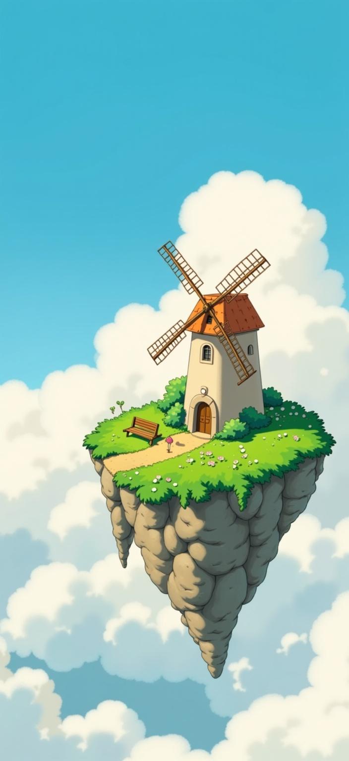 ghibli_illustration, A fantastical scene unfolds in this digital wallpaper, where a whimsical windmill perches gracefully on an ethereal island floating amidst the clouds in a serene sky. The composition, inspired by hand-drawn animation, radiates a joyful and nostalgic aesthetic, characterized by richly detailed backgrounds that feel alive and vibrant. The windmill, with its gently rotating sails, serves as the central focal point, drawing the viewer into its enchanting domain.

The island itself is a patchwork of textures; lush greenery cascades over its edges, while tiny flowers dot the landscape, each petal lovingly illustrated with subtle imperfections. A soft, painterly texture envelops the entire scene, evoking a hand-drawn feel where pencil sketches hint at the artist's touch. Organic movement is captured in the gentle sway of the clouds, which dance around the island in an embrace of warm, natural lighting.

The palette is vivid yet slightly muted, with bright colors balancing a dreamy, nostalgic quality. Soft pastels merge with intricate details to avoid harsh contrasts, maintaining a harmonious and inviting mood. Everyday objects, like a quaint bench near the windmill or a small bird perched on its railing, are meticulously rendered, offering a tangible and lived-in feel to the artwork.

Ensuring accurate proportions, the windmill and its island are carefully centered, ensuring a crisp, clean look suitable for a digital wallpaper. This dreamlike composition captures a sense of wonder and tranquility, inviting the viewer to escape into a world where the whimsical and the serene coexist in perfect harmony.
