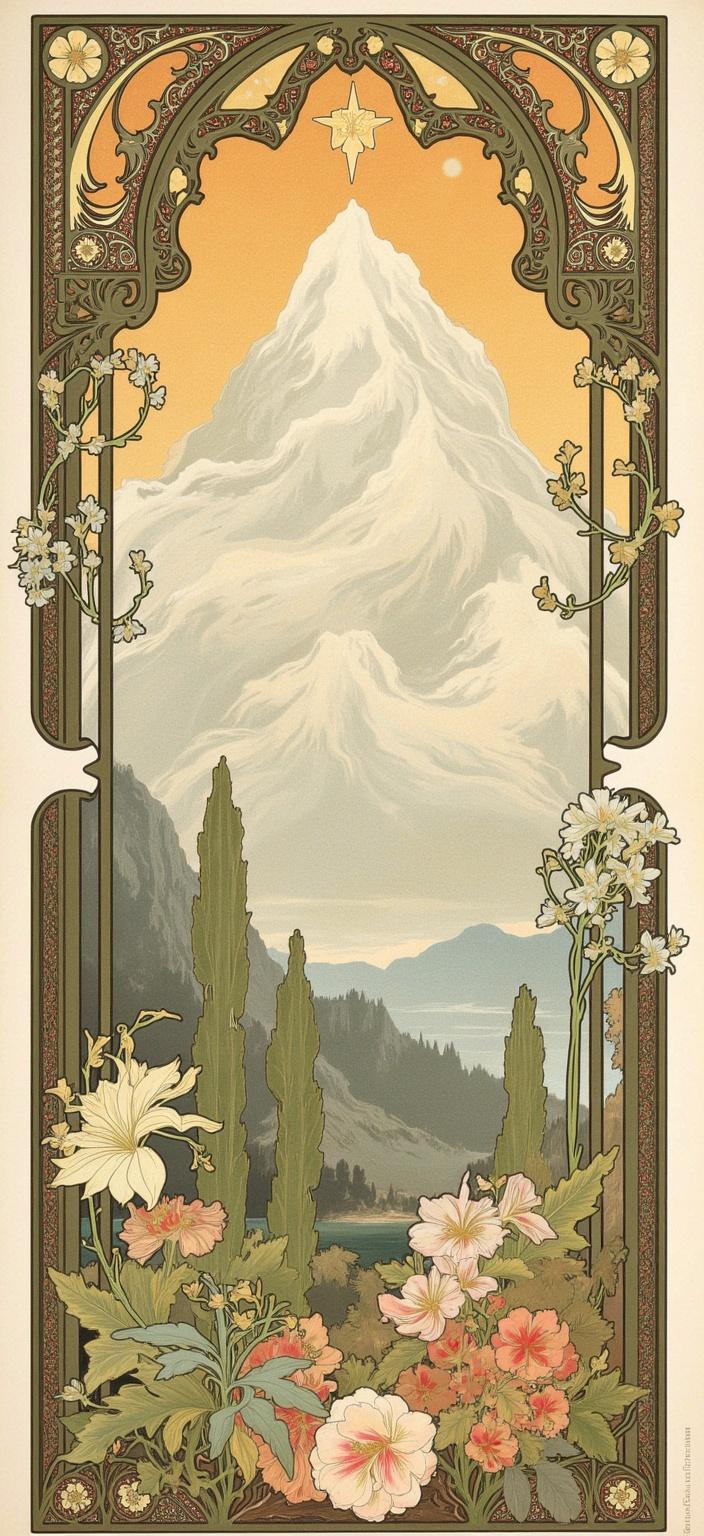 mucha, Enriched prompt:

Imagine a captivating digital wallpaper depicting a majestic mountain, its towering peak rising gracefully in the center of the composition. The scene draws inspiration from the flowing, organic lines and intricate decorative patterns of Art Nouveau, particularly invoking the style of Mucha. The mountain is enveloped in a dreamlike, romantic aesthetic, seamlessly blending fine art with design. 

Surrounding the mountain, a harmonious blend of natural motifs unfolds, featuring sinuous vines, blooming flowers, and subtle geometric patterns. These elements weave together to create an exuberant tapestry of delicate colors, enhancing the overall composition with a refined, ornamental quality. The sky above is adorned with celestial symbols, merging seamlessly into the highly stylized background that adds depth and wonder to the scene.

Enclosing this breathtaking landscape is an elaborate ornamental frame, reminiscent of a grand Gothic window. Its sweeping curves and detailed embellishments form a visual unifier, adorned with organic patterns, flowers, and celestial symbols. This intricate border serves as a gateway into a dreamlike realm, where the grandeur of nature and the depths of human emotion intertwine in poetic harmony.

This stunning depiction is centered to provide a crisp, clean look, perfectly suited for a digital wallpaper, inviting viewers into a timeless and enchanting world.