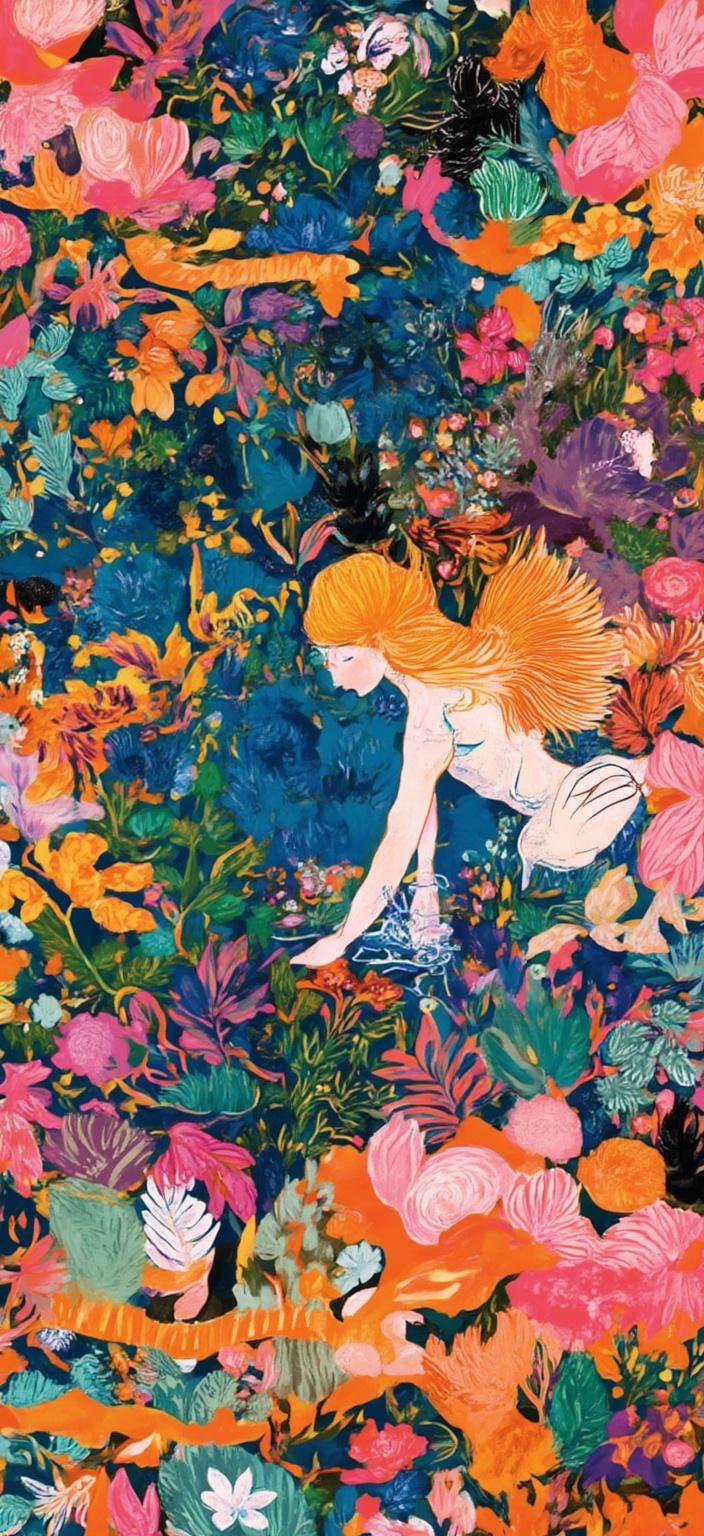 colorful_illustration, In this digital wallpaper, you are transported to a serene and magical world where a peaceful fairy kneels at the edge of a lily pond. The scene is vibrant and colorful, exuding a playful, dynamic, and hand-drawn feel that draws the viewer into its enchanting atmosphere. The fairy, adorned with delicate wings that shimmer with hues of iridescence, gently touches the water's surface with her fingertips, creating ripples that dance across the pond.

Surrounding her are graceful koi fish, their scales glinting in the gentle light, weaving gracefully among the blooming lotus blossoms that float serenely on the water. The fairy's reflection is captured in the mirror-like water, forming a mesmerizing mirrored pattern that adds depth and mystique to the composition.

The background is a symphony of organic shapes, with scattered decorative elements creating a natural, free-flowing quality. Various leaves and floral elements are harmoniously arranged, inspired by the lavish, decorative style reminiscent of Scandinavian folk art and mid-century botanical prints. The intricate composition blends bold organic shapes with delicate details, featuring ornamental elements like dots, swirls, and abstract motifs.

A luxurious layering of colors and patterns creates a sense of depth and movement, inviting the viewer to explore every intricacy of the design. The organic shapes and radial floral patterns add to the harmonious, hand-drawn feel, making the artwork not only a picturesque depiction of a fairy's dreamlike moment but also an exquisite piece of art suitable for digital wallpaper, enhancing any space with its captivating beauty.
