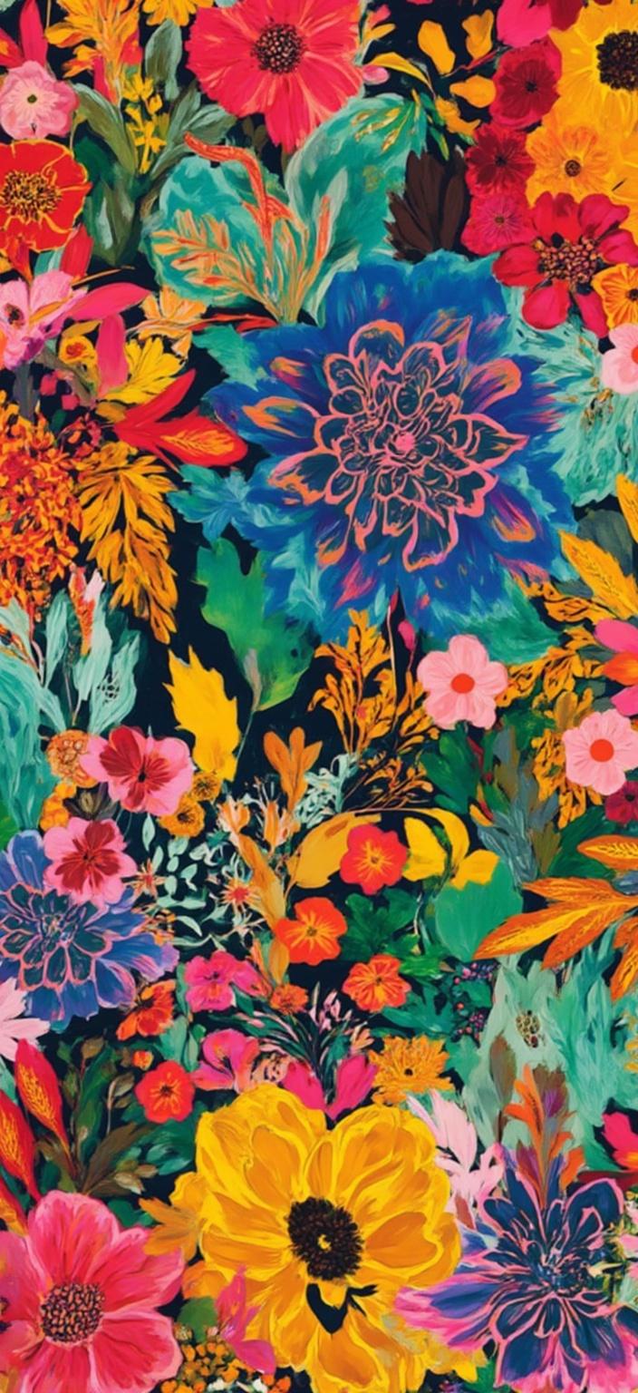 colorful_illustration, Create an enchanting anime wallpaper in landscape mode that seamlessly blends vibrant and colorful illustration with a playful and dynamic hand-drawn feel. This artwork features an intricate composition inspired by Scandinavian folk art and mid-century botanical prints, offering a lavish decorative style. The scene is alive with bold organic shapes interspersed with delicate details, weaving a tapestry of scattered ornamental elements such as whimsical dots, mesmerizing swirls, and captivating abstract motifs.

The background is a dreamscape of harmonious colors, layered to evoke depth and movement, with various leaves and floral elements arranged elegantly across the canvas, embodying a natural, free-flowing quality. These patterns radiate outward, creating a visual rhythm that captivates the viewer. The vibrant colors and intricate designs are a feast for the eyes, ensuring a crisp, clean look that is perfectly suited for printing as a digital wallpaper. Let this artwork transform your viewing space with its dynamic and inviting energy, a perfect blend of anime charm and decorative artistry.