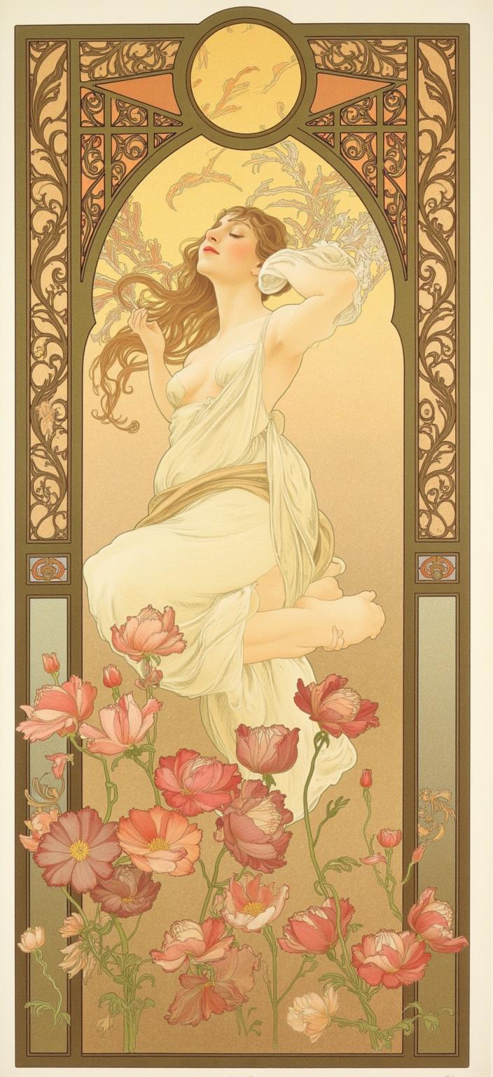 mucha, In the center of this enchanting digital wallpaper, an elegant and serene cat is depicted luxuriating in a sun bath. The feline is poised with an aura of sophistication and tranquility, its eyes half-closed in a state of pure bliss as the sun's gentle rays caress its sleek, fur-covered form. The scene captures the essence of the cat's leisurely existence, embodying a sense of peace and contentment.

The painting draws inspiration from the flowing, organic lines and intricate decorative patterns characteristic of the Art Nouveau style. The background is a tapestry of harmonious natural motifs, featuring an elaborate array of blooming flowers and sinuous vines that seem to dance around the cat, forming a dreamlike, romantic aesthetic. Delicate colors blend seamlessly, creating an ethereal atmosphere that envelops the entire composition.

Sinuous vines weave through the scene, intertwining with exuberant floral motifs that enhance the composition's refined, ornamental quality. Subtle geometric patterns provide a structured elegance, further enriched by celestial elements that add a touch of the mystical. The entire painting is enclosed within an elaborate ornamental frame, reminiscent of a grand Gothic window. This frame, adorned with sweeping curves and detailed embellishments, is a visual masterpiece in itself, featuring organic patterns, flowers, and celestial symbols.

As if it were a portal into another world, this intricate border serves as a gateway into a dreamlike realm where nature and emotion unite in poetic harmony. The composition, centered and meticulous in its detailing, provides a crisp, clean look that is ideal for printing as a digital wallpaper, transforming any space into a sanctuary of artful serenity.