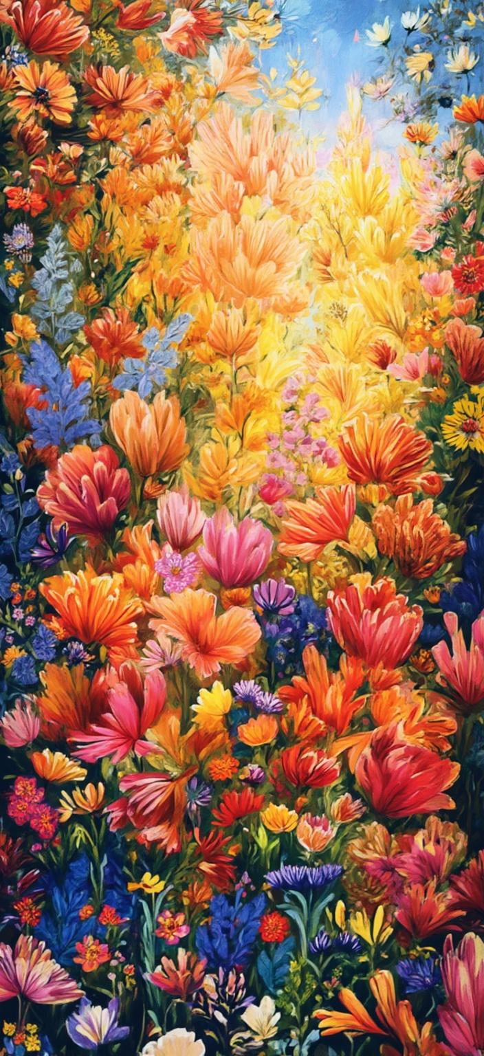 colorful_illustration, In the vibrant and colorful illustration, a sunlit tulip garden unfolds before your eyes, bathed in the mesmerizing glow of the golden hour. The scene captures the serene atmosphere as dew drops glisten on the tulip petals, casting tiny rainbows in the warm light. The tulips, painted in an array of vivid colors from fiery reds to gentle pinks and sunny yellows, sway gently in the breeze, embodying a playful and dynamic energy.

The background is a tapestry of organic shapes, where scattered decorative elements merge harmoniously with an array of leaves and floral motifs. These elements are arranged to create a natural, free-flowing composition that reflects the lavish decorative style. Bold organic shapes intertwine with delicate details, featuring ornamental elements like dots, swirls, and abstract motifs that dance across the canvas.

The luxurious layering of colors and patterns fosters a depth that invites you to explore the scene further. The organic shapes and radial floral patterns evoke a hand-drawn feel reminiscent of Scandinavian folk art and mid-century botanical prints. This intricate blend of styles adds a timeless charm to the composition.

Centered perfectly, this digital wallpaper design ensures a crisp and clean look, making it an ideal choice for enhancing any digital space. The design captures the essence of nature's elegance and the joyful exuberance of a sunlit garden, promising to transform your digital canvas into a work of art.