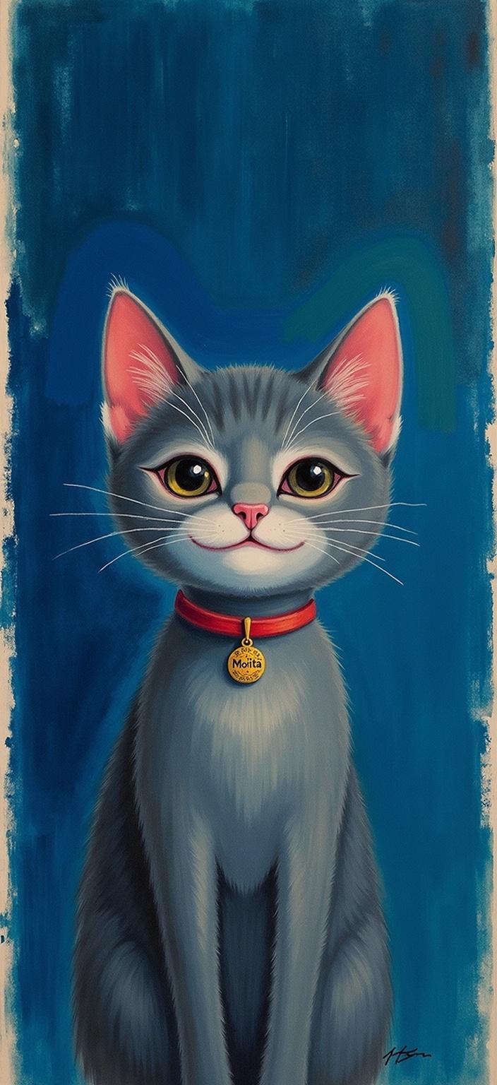 rothko, Title: "Luminescent Joy"

Enriched Prompt: Imagine a tender, all-gray kitten with endearing almond-shaped eyes that gleam with warmth and curiosity. Around the kitten's neck, there is a delicate collar featuring a small, intricately engraved tag with the name "Motita." The background of this painting is a deep, textured dark blue, reminiscent of ridged waves that give the canvas a dynamic feel. The kitten radiates happiness, capturing a moment of pure joy and contentment.

This artwork is created in a style inspired by the complex layering technique, where translucent colors overlap, allowing light to pass through and create an ethereal glow. The painting achieves a sense of "inner light" and extraordinary luminosity, with colors melting and merging into one another seamlessly. Viewed up close, the boundaries between shapes blur, while from a distance, the soft-edged forms float effortlessly across the canvas as though suspended in a serene dance.

The surface is richly diverse, with paint drips and strokes that defy conventional direction, adding texture and depth, and drawing the viewer into the painting's layered intricacies. The composition is centered to provide a clear, refined aesthetic that is ideal for a digital wallpaper, ensuring every detail enhances the visual experience on screen.