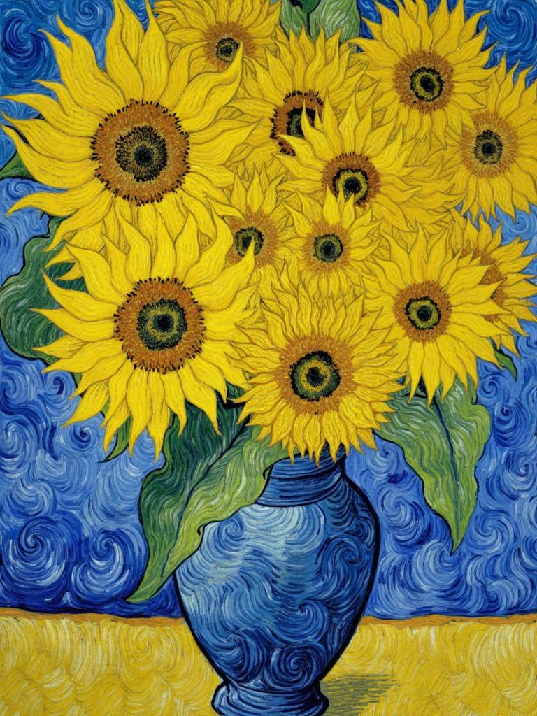 van_gogh, In the center of this captivating digital wallpaper, a vibrant bouquet of sunflowers is nestled within a striking blue vase. Painted with an emphasis on intense color and dynamic brushwork, the scene draws inspiration from a style known for its bold, expressive compositions. The sunflowers, with their golden petals and dark, textured centers, seem to leap off the canvas, each blossom rendered with thick, impasto layers that create a palpable sense of movement and emotional depth.

The blue vase, contrasting vividly against the sunflowers, enhances the visual impact with its profound, rich hue—a nod to the frequent use of bold complementary color contrasts such as blue and orange, or yellow and purple. Surrounding the vase, the background is alive with loose, energetic brushstrokes, forming swirling, flame-like patterns that contribute to a rhythmic, almost pulsating quality, breathing life into the still image.

This powerful composition, infused with raw emotion and a sense of urgency, makes the artwork both deeply personal and universally compelling. Ideal for digital wallpaper, the painting's crisp, clean look ensures it is perfectly suited for printing and transforming any space with its vibrant energy and dynamic essence.