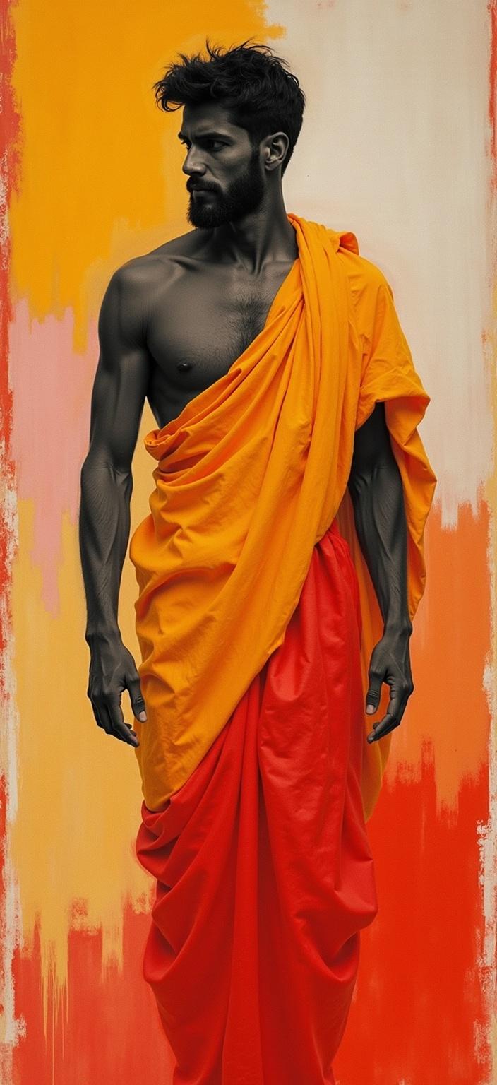 rothko, Create a captivating digital wallpaper featuring a striking depiction of a Greek man, embodying classic Grecian features and attire. The composition should be inspired by a style characterized by complex layering of translucent colors, allowing light to filter through and bestowing the painting with an “inner light” and remarkable luminosity. Up close, the colors should appear to melt and fuse together, creating blurred boundaries between the shapes. From a distance, these soft-edged, floating zones of color should hover weightlessly on the canvas. The Greek man's figure should be centered, ensuring a crisp, clean look suitable for printing onto digital wallpaper. Richly varied surfaces should be accentuated by paint drips or strokes that run in unconventional directions, adding dynamic movement and depth to the artwork. This fusion of classical subject with an ethereal, modern style will create a timeless yet contemporary piece, perfect for enhancing any digital wallpaper collection.