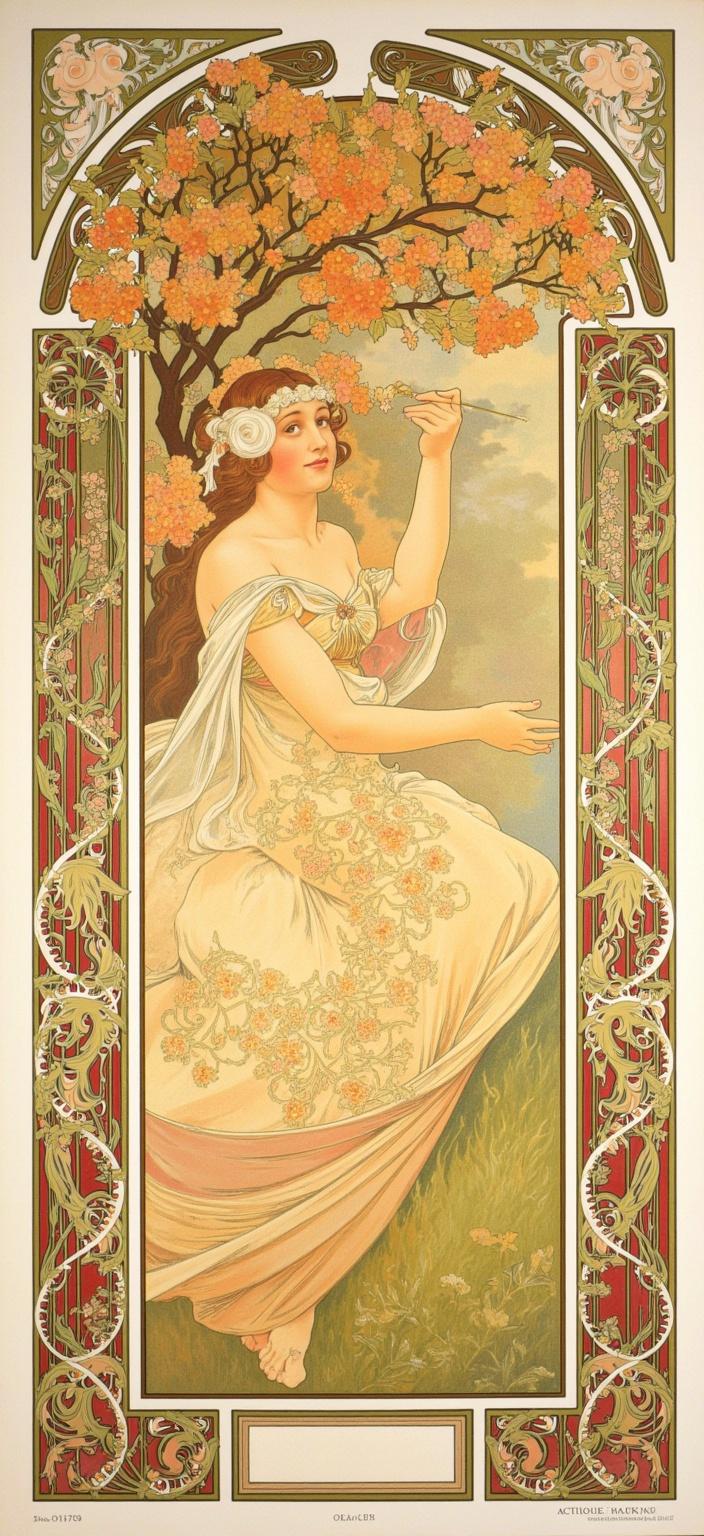 mucha, In the vibrant noon sun, a serene woman, embodying tranquil grace, sits elegantly beneath a magnificent, blossoming tree. Her presence is the heart of the composition, seated on a gentle patch of lush grass. Her delicate hands engage in the act of painting on a canvas, capturing the essence of her surroundings with each brushstroke. She wears flowing robes, meticulously adorned with intricate floral patterns that mirror the splendor of the blossoms above her, seamlessly blending her attire with the abundant beauty of nature around her.

The entire scene draws inspiration from the ornate and delicate style of Alphonse Mucha, where the fluidity of her movements and the organic lines of her setting evoke a dreamlike, romantic aesthetic. Flowing, organic lines guide the viewer's eye through the intricate decorative patterns, creating a harmonious blend of natural motifs such as vibrant flowers, entwining vines, and subtle celestial elements that dance through the air.

Set against a highly stylized background, the painting exudes a refined, ornamental quality. The composition is enriched with Mucha’s signature palette, featuring a delicate spectrum of colors that meld exuberantly with the floral motifs. Sinuous vines and blooming flowers intertwine effortlessly with subtle geometric patterns, bestowing the scene with an ethereal beauty.

Encasing the entire image is an elaborate ornamental frame, reminiscent of a grand Gothic window. This intricate border, adorned with organic patterns, clusters of flowers, and celestial symbols, serves as both a visual unifier and a gateway into a dreamlike realm. Here, nature and human emotion intertwine in poetic harmony, inviting the viewer into a sanctuary of artistic expression. The scene, centered with precision, ensures a crisp, clean look suitable for printing as a captivating digital wallpaper, capturing the essence of Mucha’s timeless elegance and the serenity of the moment.