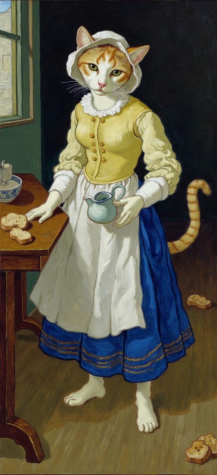 van_gogh, The anthropomorphic cat, a captivating blend of feline grace and human-like poise, stands in the center of the painting, drawing inspiration from Vermeer’s ‘The Milkmaid.’ The cat's fur is a harmonious blend of white and orange, its texture meticulously captured to reflect the softness and warmth of a living creature. Clad in a traditional 17th-century Dutch dress, the ensemble comprises a vibrant blue skirt that cascades elegantly to the floor, a luminous yellow bodice that catches the ambient light, and a pristine white headscarf framing the feline features with a touch of historical authenticity.

The rustic wooden table beside the cat serves as a stage for an array of kitchen objects, with the centerpiece being a ceramic jug poised gracefully in the cat's paw, pouring milk into a waiting bowl. Scattered around are pieces of bread, their crusts detailed with textured brushstrokes, adding to the sense of a lived-in, yet timeless household scene. The gentle play of natural light from a small window on the left infuses the scene with a soft glow, highlighting surfaces and casting tender shadows that enhance the peaceful and serene atmosphere.

Painted in a style rich with intense color and dynamic brushwork, the artwork channels the bold, expressive compositions of post-impressionist influences. Vivid, rich colors leap from the canvas in thick, impasto layers, creating a sense of movement and emotional depth. The artist employs striking complementary color contrasts, such as the blue of the skirt against the orange feline fur, to heighten visual impact. Brushstrokes are loose yet deliberate, with swirling patterns reminiscent of flame-like motifs, evoking a rhythmic pulse that brings the scene to life.

This dynamic touch, combined with vigorous, linear patterns, infuses the work with a unique motion, capturing a moment both intimate and universally relatable. As a digital wallpaper, the painting’s centered composition ensures a crisp, clean look, making it an ideal artistic backdrop that invites viewers into a world where classical realism meets vivid modern expression.