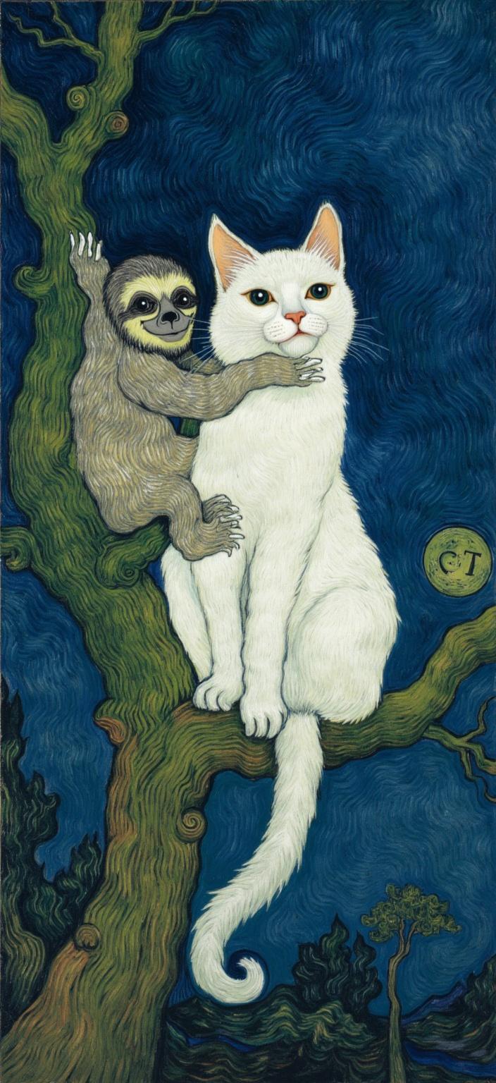 van_gogh, In the center of this digital wallpaper, imagine a beautifully intricate painting that captures the vivid essence of a white cat with light coffee-colored markings. Its deep, dark blue eyes echo the depths of an ocean at midnight, perfectly complementing the rich, dark blue background that envelops this serene scene. This background is textured with dynamic brushwork that swirls and dances around the central figures, creating an intense visual experience.

Perched beside the cat is an endearing, gentle sloth, clinging lovingly to a branch. The sloth's fur is depicted with rich, layered strokes that give it a sense of warmth and softness, inviting the viewer into a tender moment of companionship. In one of its claws, the sloth holds a small sign with the initials "CT," the letters rendered in a bold, expressive style that draws attention without overwhelming the scene.

The entire composition is infused with vigorous, linear patterns and swirling, flame-like brushstrokes that pulse with energy, reminiscent of the styles that emphasize raw emotion and urgency. The use of vivid, rich colors is carefully balanced, employing bold complementary contrasts of blue and the soft coffee hues to heighten the emotional impact.

This artwork, with its intense color palette and dynamic texture, is designed to be a centerpiece, providing a crisp, clean look that is ideal for digital wallpaper. Its deep emotional resonance and universal appeal make it a compelling addition to any digital collection, inviting viewers to lose themselves in its vibrant world.