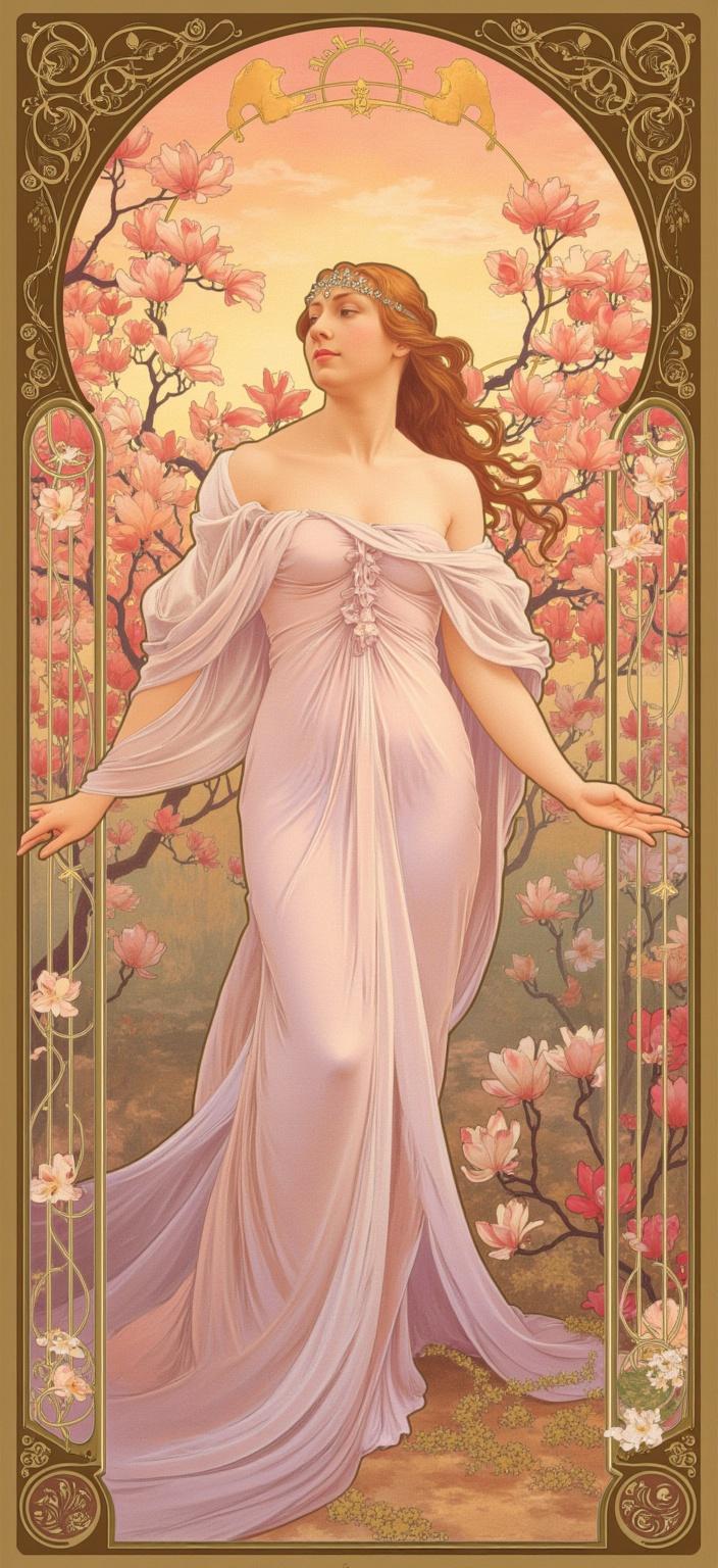 mucha, Title: "Ethereal Spring Dusk in Mucha Style"

In this enchanting digital wallpaper, the viewer is transported to a dreamlike garden bathed in the last tender pink and orange hues of a spring sunset. At the heart of this magical scene stands an ethereal woman, draped in flowing lavender-toned robes. Her presence is both serene and powerful, embodying the essence of spring itself. Her robes cascade elegantly around her, echoing the fluidity of the surrounding landscape.

The garden enveloping her is a lush tapestry of twining vines and blooming magnolias, their delicate petals catching the soft, fading light. Each flower and vine is rendered with intricate detail, reflecting the organic lines and exquisite patterns inspired by Alphonse Mucha's Art Nouveau style. The vibrant mix of colors—lavender, pink, orange, and gold—infuses the scene with warmth and vitality, highlighting the harmonious blend of natural beauty and artistic design.

Subtle geometric patterns interlace with the flora, adding an ornate layer to the composition, while celestial elements discreetly glimmer in the twilight sky above, suggesting a mystical connection between earth and cosmos. These elements together create a romantic, otherworldly ambiance, where nature and human emotion are beautifully intertwined.

An elaborate golden frame, reminiscent of a grand Gothic window, encloses the entire scene. This ornamental border, rich with sweeping curves and detailed embellishments of organic patterns, flowers, and celestial symbols, acts as both a decorative feature and a portal into this serene, poetic realm. It invites viewers to step into this harmonious world, making it not just a digital artwork but a timeless piece suitable for enhancing the aesthetic of any digital display.