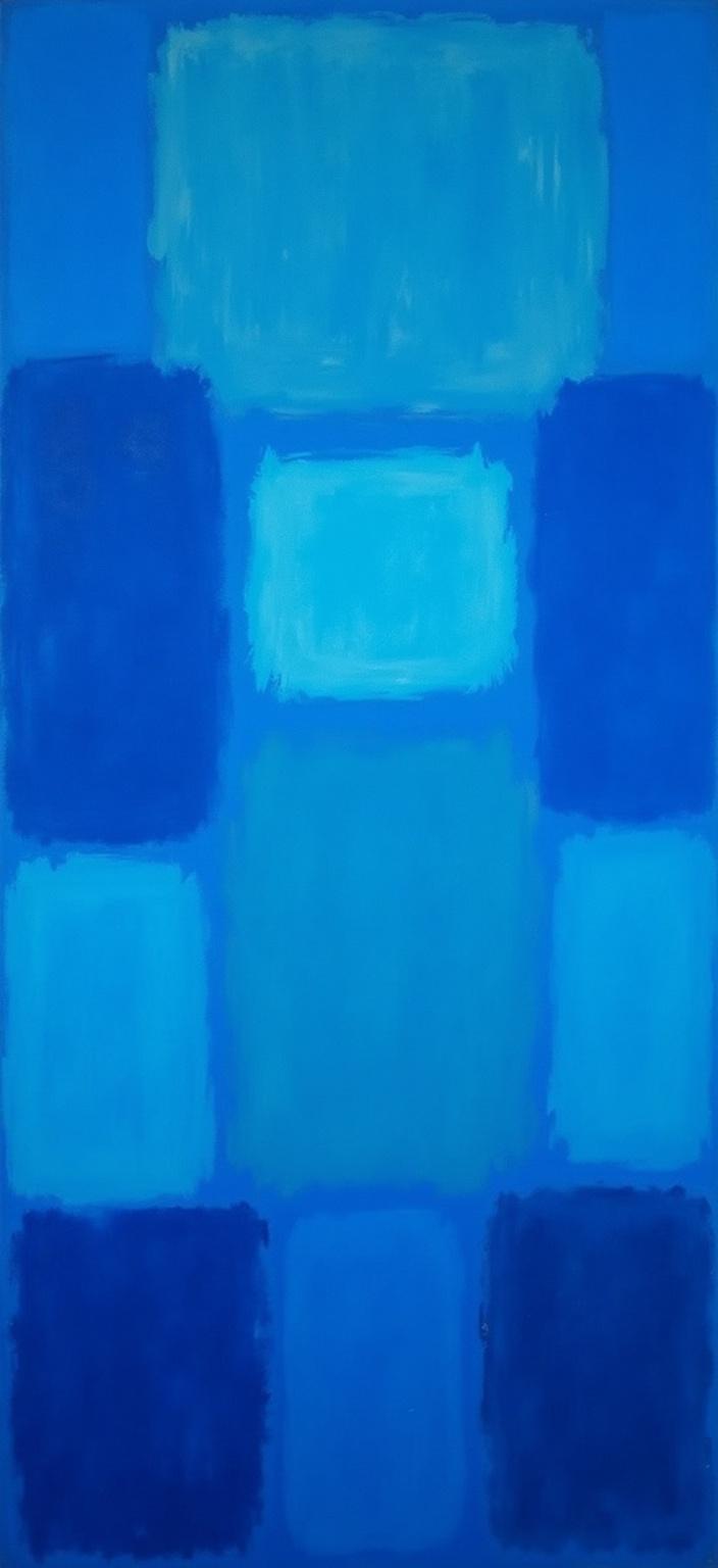 rothko, Create a mesmerizing digital wallpaper featuring an array of blurred rectangular shapes immersed in deep blue hues. This composition draws inspiration from complex layering techniques, where translucent colors overlap and intertwine, allowing light to penetrate and infuse the painting with an ethereal "inner light" and striking luminosity. The artwork is crafted to exhibit a rich tapestry of varied surfaces, where paint drips or strokes venture in unconventional directions, creating a dance of color and form. Up close, the colors appear to melt and merge seamlessly, with indistinct boundaries between the shapes, while from afar, the soft-edged rectangles gracefully float, suspended weightlessly upon the canvas. This central design ensures a crisp, clean look, perfect for printing as digital wallpaper, transforming any space into a sanctuary of subtle elegance and depth.
