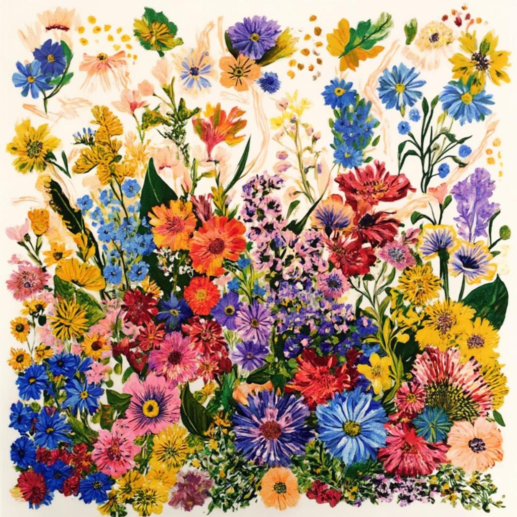 colorful_illustration, Enriched prompt: Imagine a stunning and detailed illustration of wildflowers, brought to life in a vibrant and colorful style that feels playful and dynamic, with a distinct hand-drawn quality. The scene is centered, drawing the eye to a lush bouquet of various wildflowers, each petal and leaf intricately detailed and bursting with vivid hues that pop against a backdrop of whimsical organic shapes. Scattered across the canvas are decorative elements like dots, swirls, and abstract motifs that add to the visual interest, creating a sense of depth and movement. This lavish, decorative composition seamlessly blends bold organic forms with delicate details, reminiscent of Scandinavian folk art and mid-century botanical prints. The harmonious arrangement of floral elements weaves together a natural, free-flowing tapestry that is both luxurious and inviting, perfectly suited for a piece of wall-art that transforms any space with its enchanting beauty.