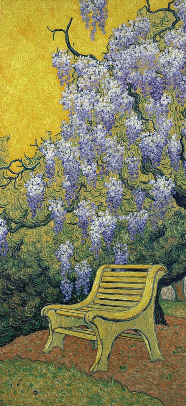 van_gogh, A captivating digital painting captures the serene beauty of blossoming wisteria cascading gracefully over a tranquil garden bench, evoking a sense of vintage Japanese aesthetics. This scene is brought to life through a style characterized by intense color and dynamic brushwork. The artist employs vivid, rich colors applied in thick, impasto layers, creating an immersive sense of movement and emotional depth. Bold complementary color contrasts, particularly combinations of yellow and purple, heighten the painting’s visual impact and intensity. The loose, energetic brushstrokes swirl in curly, flame-like patterns, infusing the artwork with a rhythmic, almost pulsating quality. Vigorous, linear patterns evoke a unique sense of motion and life, emphasizing the raw emotion and urgency that make this painting both deeply personal and universally compelling. The composition is centered perfectly, ensuring a crisp, clean look ideal for a mesmerizing digital wallpaper.