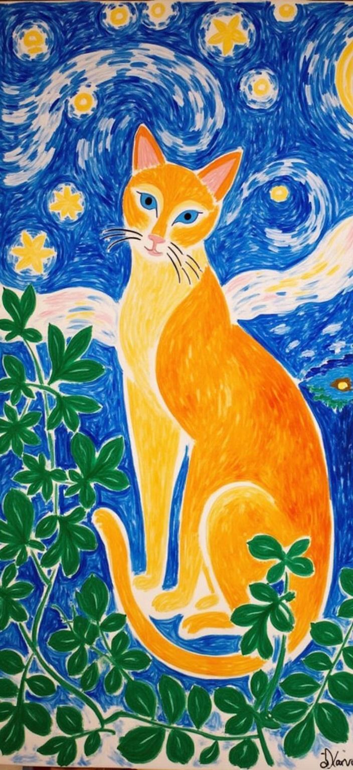 mattise_nice, In the center of the composition sits a resplendent golden cat, its fur shimmering with an ethereal glow as if kissed by the sunlight. Its piercing blue eyes capture the viewer's gaze, exuding a mysterious allure and a curious intellect. The cat's tail is elegantly pointed upward, adding a playful yet regal touch to its posture, embodying grace and confidence. Surrounding this majestic feline is a mesmerizing tapestry that draws inspiration from Van Gogh's "Starry Night." The swirling, deep blues and vibrant yellows of the starry sky create a dynamic backdrop, merging seamlessly with an array of lush plants and intricate leaves. These natural elements are imaginatively interwoven, their veins delicately flowing into the celestial dance above, each stroke celebrating the harmony between earth and sky. The entire painting draws from the essence of the "Matisse-in-Nice" style, infusing the scene with bold, expressive colors and simplified forms that evoke a sense of joy and wonder. This composition is centered perfectly, ensuring a crisp, clean look, making it ideal for a digital wallpaper that transforms any screen into a captivating piece of art.