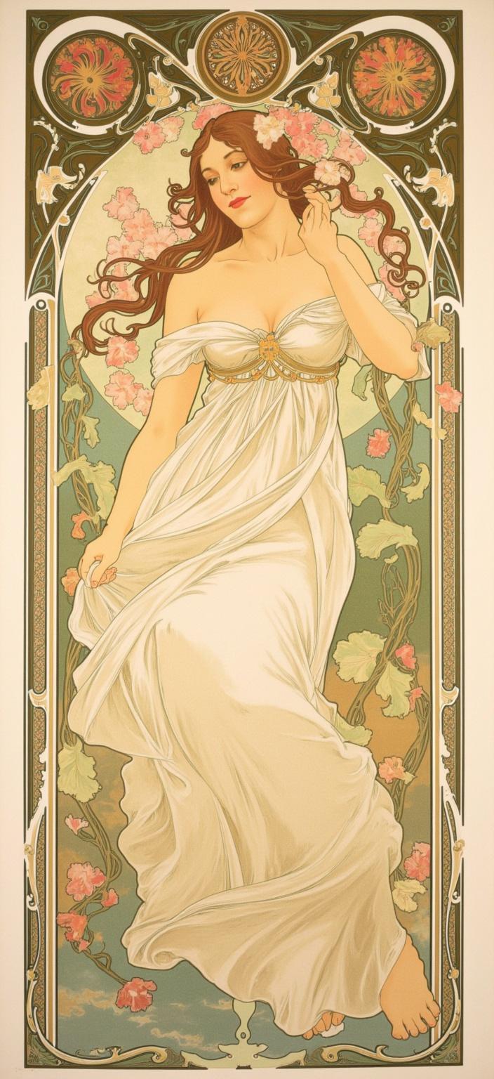 mucha, In the enchanting Art Nouveau style of Alphonse Mucha, envision a digital wallpaper centered around a serene scene that effortlessly captures the essence of a graceful woman immersed in a tranquil spring garden at dawn. The composition radiates with the elegance of the Art Nouveau movement, where flowing, organic lines and intricate decorative patterns intertwine. 

At the heart of this image, the woman dances with ethereal grace, her flowing dress seemingly alive as it catches the first light of the soft, golden dawn. The fabric of her attire mirrors the subtle shimmer of morning dew, cascading around her in a symphony of motion that resonates with the soft rustling of the petals and leaves that encircle her. Her expression is one of serene joy, embodying a harmonious blend of nature and emotion.

The background unfurls into a dreamlike garden scene, where cherry blossoms are in full bloom, their delicate petals casting a gentle pink hue that contrasts beautifully with the fresh green of the intertwining vines. The garden is bathed in the tender embrace of the dawn's light, which filters through in dappled patterns, adding depth to the romantic aesthetic of the scene. The air, filled with the fresh scent of morning and the soft melody of gentle birdsong, adds an audible layer to this visual tapestry.

Encapsulating this idyllic scene is an elaborate ornamental frame, echoing the grandeur of a Gothic window. Its sweeping curves and detailed embellishments, adorned with organic patterns of flowers and celestial symbols, act as both a visual anchor and a passageway into this poetic realm. This intricate border not only unites the various elements of the composition but also invites the viewer to immerse themselves in a seamless blend of fine art and design, where nature's beauty and the elegance of human creation coexist in perfect harmony.

This image, designed with crisp, clean lines, is ideally suited for a digital wallpaper, offering a fresh and sophisticated aesthetic that transforms any digital space into a serene slice of artful nature.