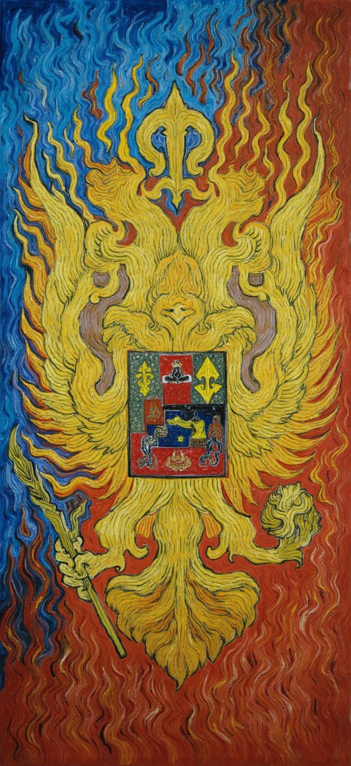 van_gogh, Title: "The Heart of Russia"

Description: Imagine a painting that captures the essence of the Russian Federation's coat of arms with an explosion of vibrant energy and emotional depth. Centered perfectly for a crisp, clean look, this digital wallpaper is a bold artistic interpretation that blends tradition with modern intensity.

The majestic double-headed eagle, a symbol of vigilance and power, dominates the composition. Its feathers are depicted with dynamic brushwork, each stroke brimming with life and vigor. The eagle's eyes glisten with an intense, almost fiery drive, reflecting the spirit of the nation it represents. The crown above its heads shines with golden hues, lending an air of regal authority, while the orb and scepter it holds are rendered with swirling patterns, resembling flames that seem to dance with an inner fire.

The background is a symphony of color, with intense blue and fiery orange clashing and blending to create a vivid backdrop that heightens the visual impact. The use of impasto techniques gives the painting texture and dimension, as if the coat of arms is emerging from the canvas itself. Swirling, curly patterns in the background create a sense of rhythm and movement, as if the painting is alive, pulsating with the heartbeats of the Russian nation.

This piece is not just a display of national pride but an emotional outpouring, capturing the raw essence of the Russian soul. It speaks of history, power, and enduring spirit, making it a deeply personal and universally compelling artwork.

When printed, this digital wallpaper will be more than just a decorative piece; it will be a striking centerpiece, a conversation starter, and a powerful expression of Russian heritage and artistry, infusing any room with its bold, expressive presence.