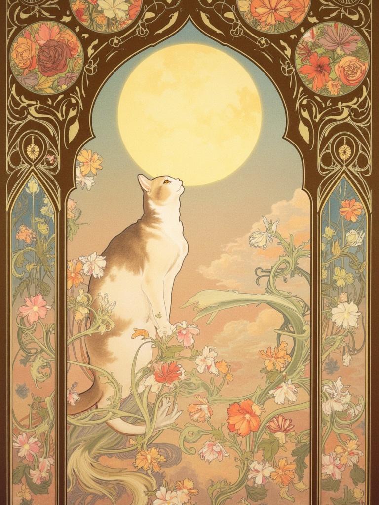mucha, Enriched prompt: Create a mesmerizing digital wallpaper that captures the enchanting scene of a cat gazing up at the moon, rendered in a style reminiscent of Alphonse Mucha's masterpieces. At the heart of the composition is the majestic feline, its eyes wide with wonder as they reflect the luminous celestial body above. The moon, a radiant orb, casts a gentle, ethereal glow across the scene, creating an aura of mystery and awe.

Surrounding the cat are intricate decorative patterns and flowing, organic lines that weave throughout the image, incorporating an abundance of exuberant floral motifs and sinuous vines that seem to dance in harmony with the celestial elements. The background is highly stylized, contributing to the dreamlike, romantic aesthetic that merges fine art with design.

The delicate color palette is a harmonious blend of soft pastels and muted tones, enhancing the overall composition with a refined ornamental quality. Subtle geometric patterns and exuberant floral designs, composed of blooming flowers and celestial symbols, intertwine with the scene, adding depth and intrigue.

Encasing this tranquil yet vibrant tableau is an elaborate ornamental frame, evoking the grandeur of a Gothic window. The sweeping curves and detailed embellishments of the frame are adorned with organic patterns, flowers, and celestial symbols, inviting the viewer into a realm where nature and emotion seamlessly intertwine. This intricate border serves as a visual gateway, enhancing the image's dreamlike quality and making it perfect for a captivating digital wallpaper.