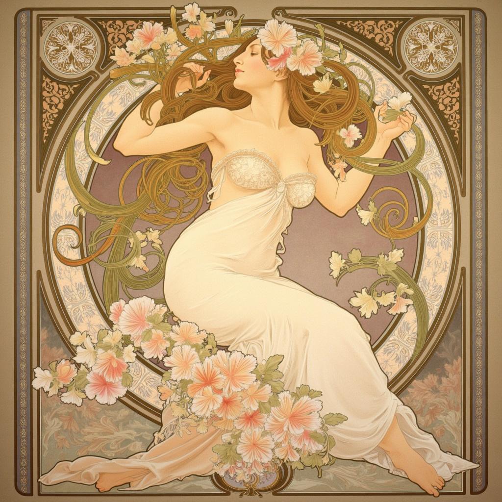 mucha, Enriched prompt: Envision a mesmerizing painting centered on a ethereal, nymph-like female figure, gracefully poised in a dreamlike setting. Her delicate form is adorned with ornate decorations, intricately crafted to exude an aura of otherworldly elegance. The scene is painted in a style reminiscent of Mucha, with flowing, organic lines and a harmonious blend of natural motifs such as flowers, vines, and celestial elements, creating a romantic aesthetic that blurs the lines between fine art and design.

Surrounding her is a lush tapestry of blooming flowers and sinuous vines which weave through the scene, punctuated by subtle geometric patterns that enhance the composition with a refined, ornamental quality. Delicate colors wash over the canvas, lending softness and exuberance to the overall atmosphere.

The entire composition is framed within an elaborate ornamental border resembling a grand Gothic window, its sweeping curves and detailed embellishments inviting the viewer into a serene world where nature and human emotion unite in poetic harmony. Enclosed within this intricate border, adorned with organic patterns, flowers, and celestial symbols, the painting exudes a sense of timeless beauty, making it an enchanting piece perfect for wall art, capturing the imagination and stirring the soul.