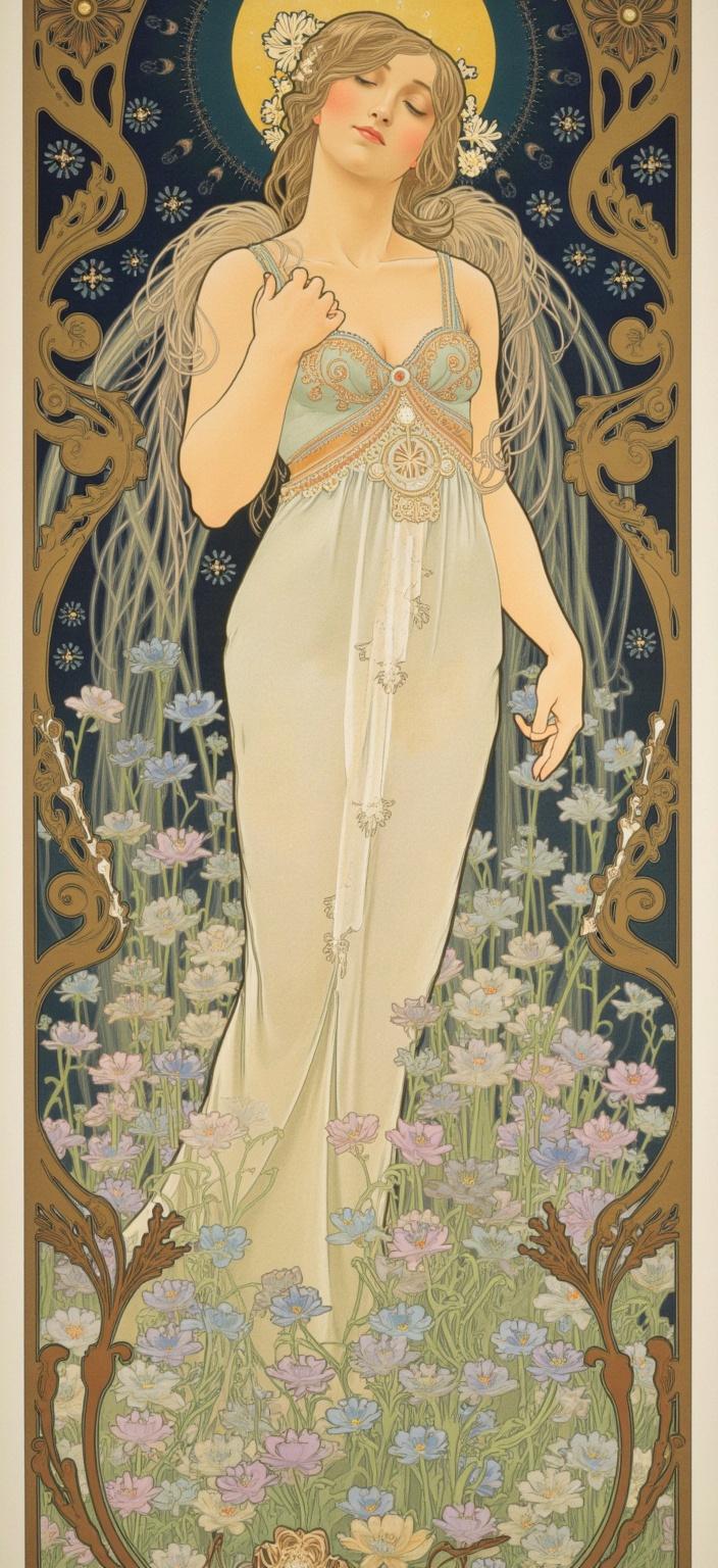 mucha, In a dreamlike setting, under the serene glow of the moon, the scene unfolds with a mystical fairy at its heart. Her presence is both ethereal and enchanting, bathed in the gentle luminescence of moonlight that casts a silvery sheen upon her figure. This fairy stands gracefully among a delicate carpet of violets and forget-me-nots, their soft purples and blues forming a lush tapestry at her feet. Her hair, a cascade of silver threads, glistens with an otherworldly shimmer, merging seamlessly with the night sky above.

The fairy's wings, a testament to celestial elegance, are intricately adorned with stylized stars that seem to curl and dance into the delicate fabric of her dress, creating a harmonious fusion of the celestial and terrestrial. Her attire flows with organic lines that echo the natural motifs surrounding her, weaving together flowers, vines, and celestial elements in an intricate pattern reminiscent of Art Nouveau.

The background, highly stylized, breathes with the dreamlike quality of Mucha's artistry, where romance and nature meld seamlessly. Delicate colors wash over the scene, punctuated by exuberant floral motifs composed of sinuous vines, blooming flowers, and subtle geometric patterns. These elements impart a refined, ornamental quality to the composition, inviting the viewer into a world where the boundaries between reality and fantasy blur.

Enclosing this serene tableau is an elaborate ornamental frame, its sweeping curves and detailed embellishments reminiscent of a grand Gothic window. This intricate border, adorned with organic patterns, flowers, and celestial symbols, serves as a visual gateway into this enchanting realm. Here, nature and human emotion dance in poetic harmony, crafting a scene that is crisp, clean, and perfectly suited for a digital wallpaper, ready to transform any space into a portal to another world.