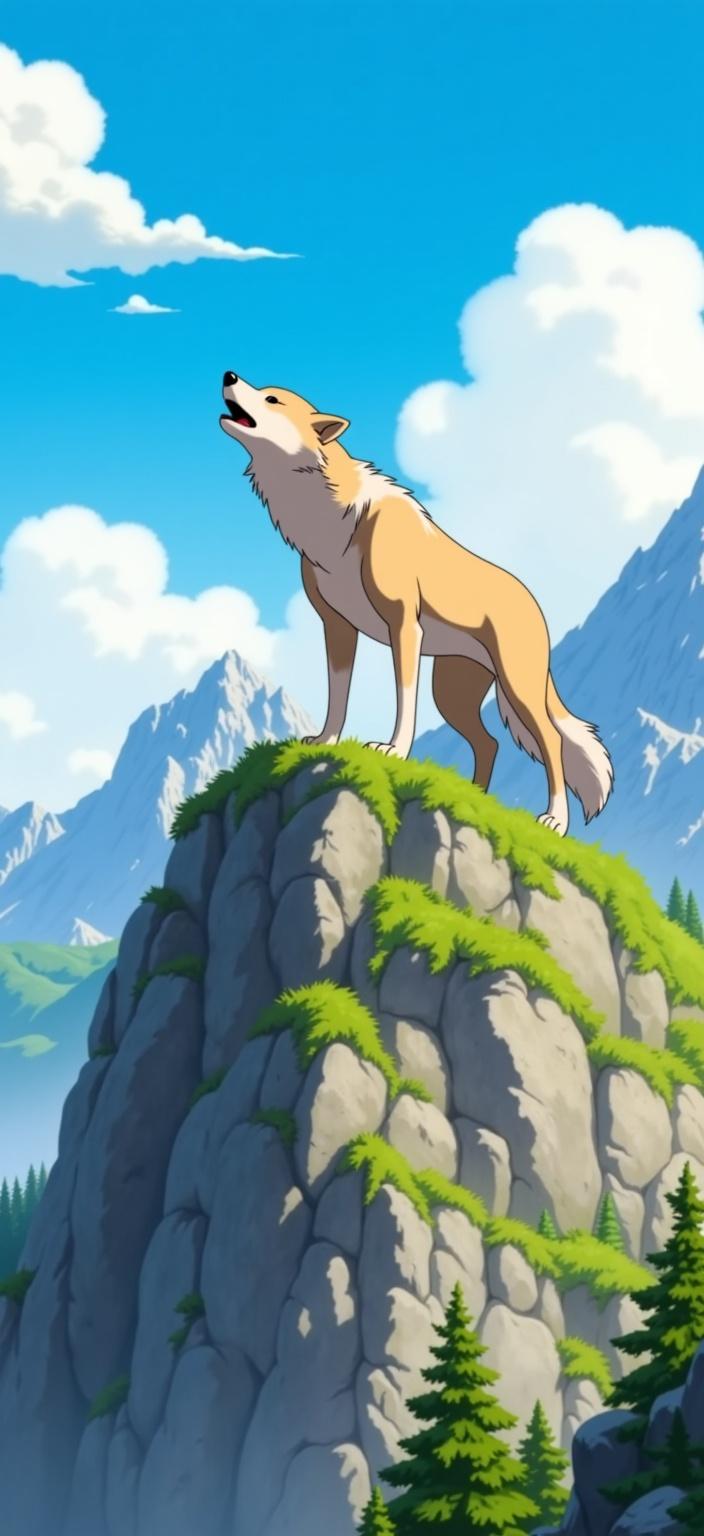 ghibli_illustration, A captivating hand-drawn animation painting centers on a majestic mountain peak, with a commanding wolf poised atop in a triumphant howling position. The scene is imbued with richly detailed backgrounds that convey a sense of vitality and depth, capturing the essence of nature's grandeur. The mountain, with its rugged cliffs and gentle slopes, is meticulously rendered to evoke a sense of majesty and timelessness, while the surrounding landscape is lush with foliage and subtly detailed textures that feel both tangible and inviting.

The wolf, the painting's focal point, is animated with expressive character designs, its fur depicted with soft, painterly textures that highlight the subtle imperfections and organic movement inherent in nature. Its gaze is directed skyward, the posture dynamic, capturing a moment of spirit and freedom. Its form is accurately proportioned, standing prominently against the backdrop, ensuring crisp visibility suited for digital wallpapers.

The color palette is composed of bright yet slightly muted hues, incorporating warm, natural lighting that bathes the scene in a cozy and inviting glow. This choice of colors maintains a dreamy, nostalgic quality, eschewing harsh contrasts to create a serene atmosphere. Everyday textures, from the rocky terrain to the delicate play of light across the wolf's fur, are meticulously rendered, enhancing the lived-in feel of this timeless tableau. The overall composition is designed with care, providing a clean and harmonious aesthetic perfect for elevating any digital space with nature's beauty.