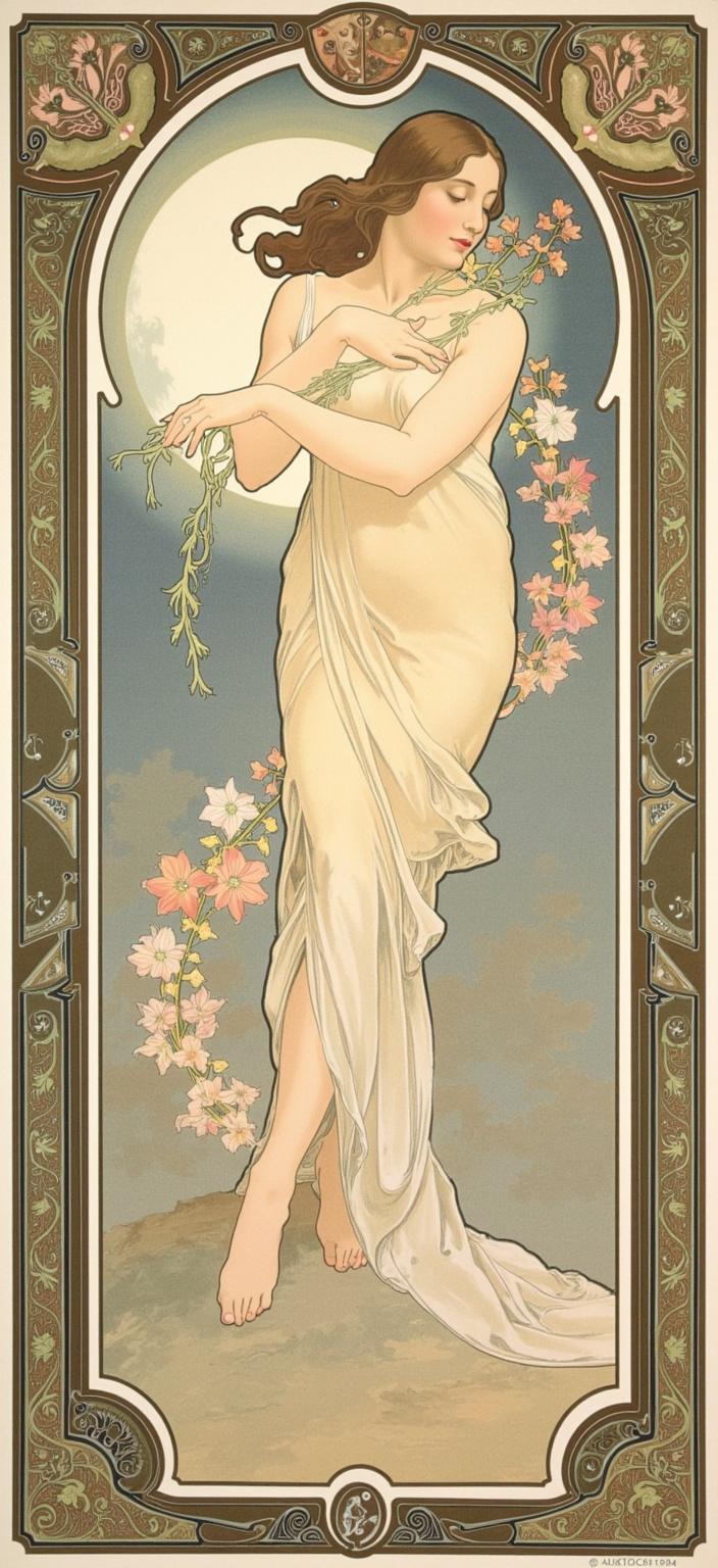 mucha, The painting presents a mesmerizing scene where a graceful cat is harmoniously intertwined with a luminous moon, set in an ethereal, dreamlike atmosphere. The cat, with its sleek form and elegant posture, seems to bathe in the subtle silver glow of the moon, its fur illuminated with delicate, flowing strokes that echo the organic lines of Art Nouveau.

Surrounding the central figures is a tapestry of intricate decorative patterns and motifs. Sinuous vines weave through the composition, their gentle curves echoing Mucha’s influence, while blooming flowers and celestial elements are interspersed throughout, enhancing the romantic and harmonious aesthetic. The background is highly stylized, blending fine art with design to create a surreal landscape that feels both timeless and enchanting.

The color palette is a refined blend of delicate pastels, with soft blues, gentle pinks, and muted greens, accentuated by the shimmering silver of the moon. This combination of colors imbues the scene with a sense of calm and serenity, inviting viewers to lose themselves in its tranquil beauty.

Encircling the entire painting is an elaborate ornamental frame, reminiscent of a grand Gothic window. Its sweeping curves and detailed embellishments are adorned with organic patterns, flowers, and celestial symbols, serving as a gateway into this dreamlike realm. This intricate border not only unifies the composition but also elevates it, adding a layer of ornate sophistication and depth.

This artwork, perfectly centered and meticulously detailed, is designed to be a striking digital wallpaper, capturing the imagination and creating a serene, poetic space that is both enchanting and evocative.