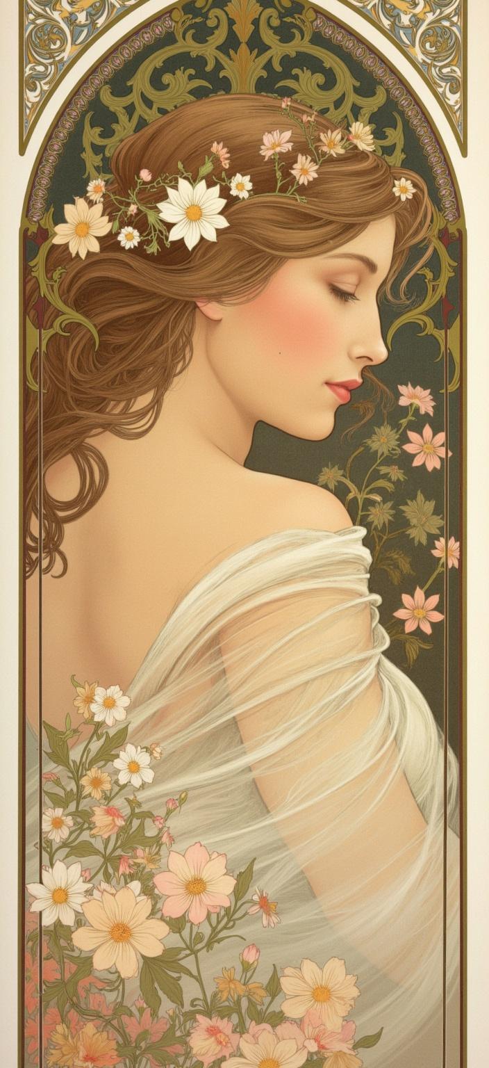 mucha, In this captivating digital painting, you'll find a mesmerizing portrait of a beautiful young woman, her serene expression captured with an ethereal grace that seems to transcend time. Her features are rendered with flowing, organic lines that guide the viewer's eye effortlessly across the canvas. Her eyes, both captivating and tender, are windows into a dreamlike realm where nature and human emotion intertwine. Her hair cascades elegantly, interwoven with intricate decorative patterns reminiscent of delicate vines and blooming flowers, accentuating her natural beauty with a touch of romanticism.

The background is a harmonious blend of natural motifs such as flowers, vines, and celestial elements, all intricately designed to create a highly stylized, enchanting setting. This setting evokes a sense of fluidity and movement, reminiscent of flowing water or a gentle breeze, amplifying the dreamlike, romantic aesthetic of the composition. Delicate colors, much like those favored by Mucha, imbue the scene with a soft, exuberant quality, where subtle geometric patterns provide a refined, ornamental backdrop that enhances the overall harmony of the piece.

The entire scene is enclosed within an elaborate ornamental frame, with sweeping curves and detailed embellishments that echo the grandeur of a Gothic window. This frame, adorned with organic patterns, flowers, and celestial symbols, not only unifies the visual elements but also serves as a gateway into this poetic dreamscape. The intricate border invites viewers to explore the fine art intertwined with design, where every detail is crafted to create a sense of serenity and wonder.

This exquisite digital painting is centered, ensuring a crisp, clean look that is perfectly suited for a digital wallpaper, providing both elegance and inspiration to any digital device it graces.