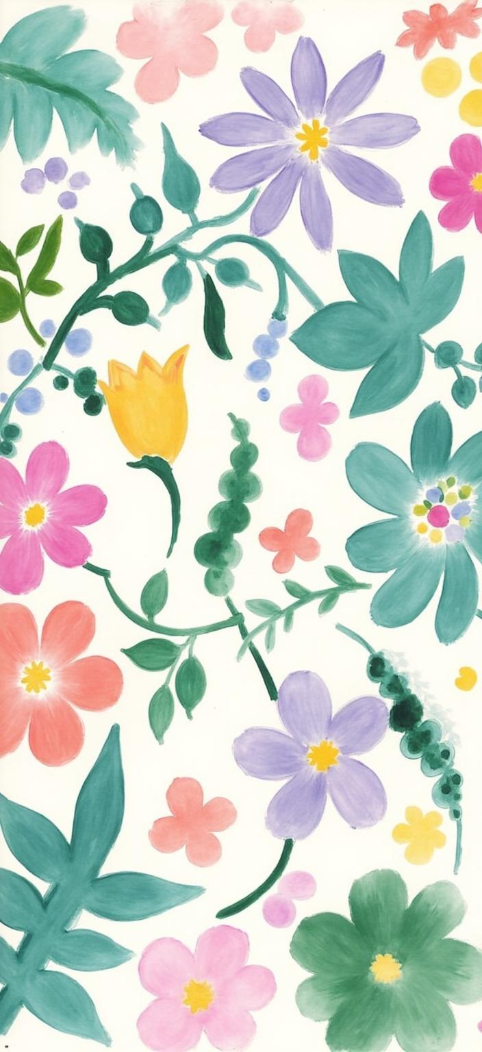 mattise_nice, Enriched prompt: A vibrant and whimsical painting that embraces the essence of Henri Matisse's "Matisse in Nice" style, featuring abstract floral patterns. The composition bursts with the lively, spring tones of mint, blush, lavender, and cream, each hue carefully blending into the next, creating a harmonious yet dynamic flow. The organic shapes and fluid lines dance across the canvas, capturing the light and airy feeling of a blooming garden. The imagery is centered with precision, ensuring the central focus maintains a crisp and clean aesthetic, perfect for digital wallpaper that will transform a screen into a serene, floral sanctuary. The watercolor technique adds a gentle, dreamy quality, reminiscent of a fresh, revitalizing spring morning.