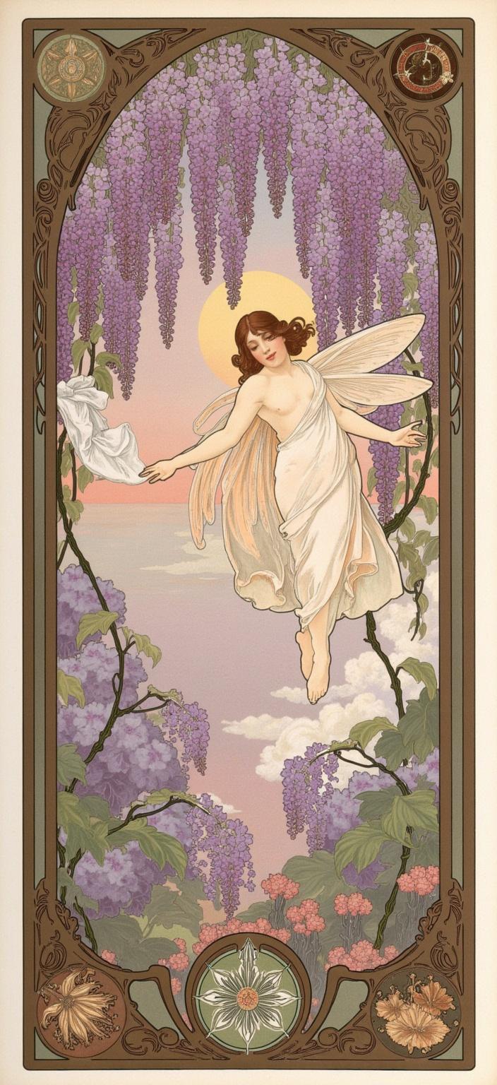 mucha, Enriched Prompt: The painting captures a dreamy fairy gracefully floating amidst a cascade of purple wisteria blooms. Her ethereal presence is emphasized by translucent wings that shimmer delicately in the twilight, casting a subtle iridescence across her surroundings. The background is a tapestry of soft lilacs and emerald green vines, framing the scene and enhancing the magical, enchanted quality of the environment.

Inspired by the flowing, organic lines reminiscent of Art Nouveau, this piece features intricate decorative patterns and a harmonious blend of natural motifs. The composition is lush with flowers, sinuous vines, and celestial elements, all set against a highly stylized, dreamlike background that melds seamlessly with its aesthetic inspiration. Delicate colors and exuberant floral motifs, typical of Mucha, are woven throughout the image, with blooming flowers and subtle geometric patterns adding a refined, ornamental quality.

The entire scene is enclosed within an elaborate, ornamental frame that echoes the grandeur of a Gothic window. This intricate border is adorned with organic patterns, flowers, and celestial symbols, serving to unify the composition and invite viewers into a dreamlike realm where nature and emotion dance poetically. This artwork, centered for a crisp and clean presentation, is perfectly suited as a digital wallpaper, transforming any space into a portal to this whimsical, romantic world.