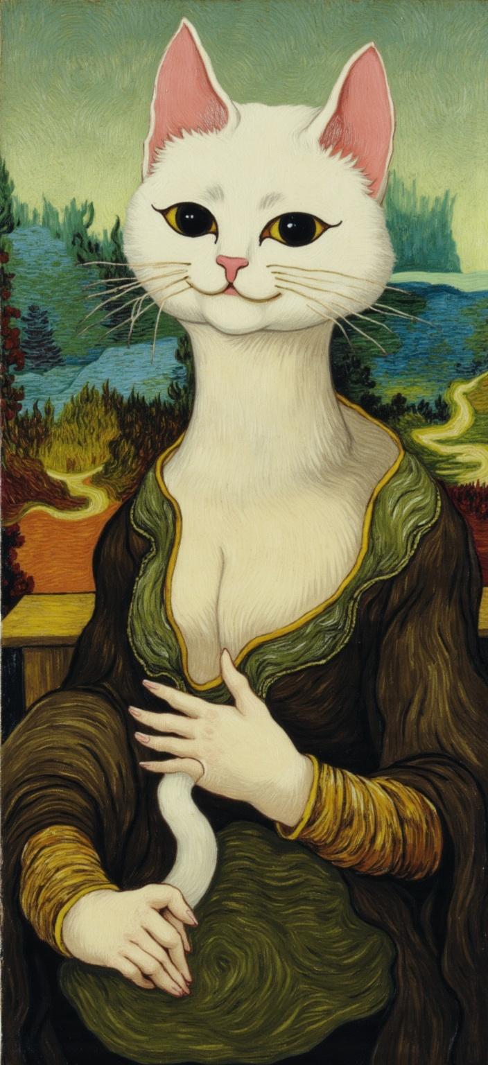 van_gogh, The artwork captures a whimsical yet striking depiction of a white cartoon-style cat in the iconic pose of the Mona Lisa, crafted with a blend of realism and illustration. The cat, with its large, elegant eyes and soft, knowing smile, exudes a calm and enigmatic expression that mirrors the timeless allure of da Vinci's masterpiece. Its pink inner ears add a touch of playful innocence, contrasting beautifully against a dark brown Renaissance-style dress adorned with intricate gold embroidery. Draped over its shoulders is a greenish-brown shawl, adding depth and texture to the attire.

The background unfolds into a soft-focus landscape that echoes the original painting, with winding paths leading the eye towards distant, misty mountains. This serene setting provides a harmonious contrast to the dynamic portrayal of the subject, thus maintaining the iconic composition.

Drawing inspiration from a style characterized by intense color and dynamic brushwork, the painting employs vivid, rich colors applied in thick, impasto layers. This approach imbues the image with a sense of movement and emotional depth, enhanced by bold complementary color contrasts—such as swirls of blue and orange, or hints of yellow and purple—that elevate its visual impact and intensity. The brushstrokes are loose and energetic, swirling across the canvas in curly, flame-like patterns that breathe rhythm and pulse into the scene, echoing the vibrant energy of the style.

This unique fusion of whimsy and intensity creates a digital wallpaper that is as captivating as it is suitable for display, ensuring a crisp, clean look that enlivens any space with its bold, expressive composition and universal appeal.