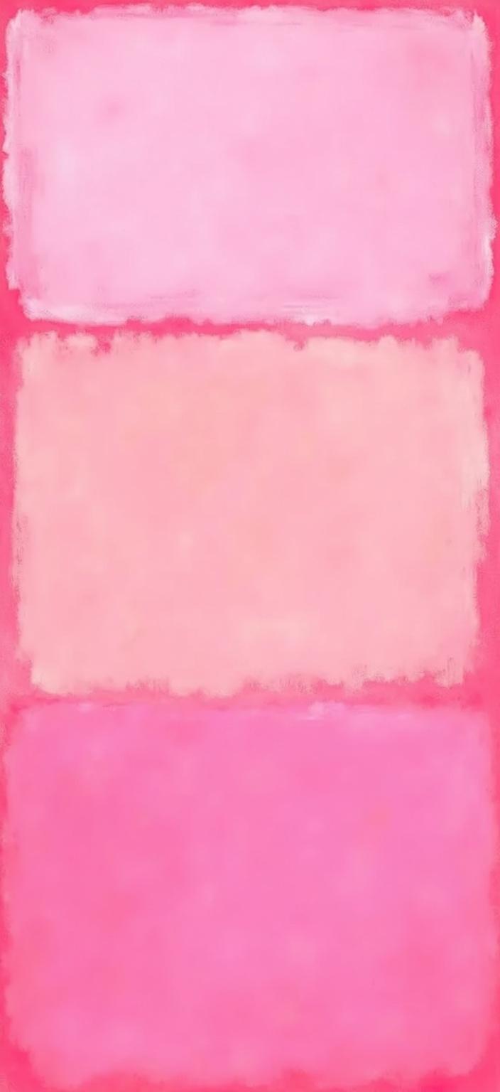rothko, Envision a captivating digital wallpaper that exudes a sense of relaxation and warmth through a symphony of pink hues. The painting embodies the essence of gently overlapping, translucent pinks, creating an ethereal dance of soft warmth. The complex layering of colors allows the light to filter through, imbuing the artwork with a mesmerizing inner glow and remarkable luminosity. 

From a close perspective, the colors appear to gracefully melt and fuse into one another, with beautifully blurred boundaries that invite the viewer to explore the subtle nuances. Delicate, soft-edged rectangles seem to weightlessly float across the canvas, creating floating zones of color that shift and shimmer as the eye moves.

Richly textured surfaces are accentuated by paint drips and strokes that run in unconventional directions, adding depth and intrigue to the composition. The overall effect is one of tranquility and serenity, inviting the viewer to lose themselves in its soothing, dreamy atmosphere. The canvas is centered, ensuring a crisp, clean look that is perfect for printing as a digital wallpaper.